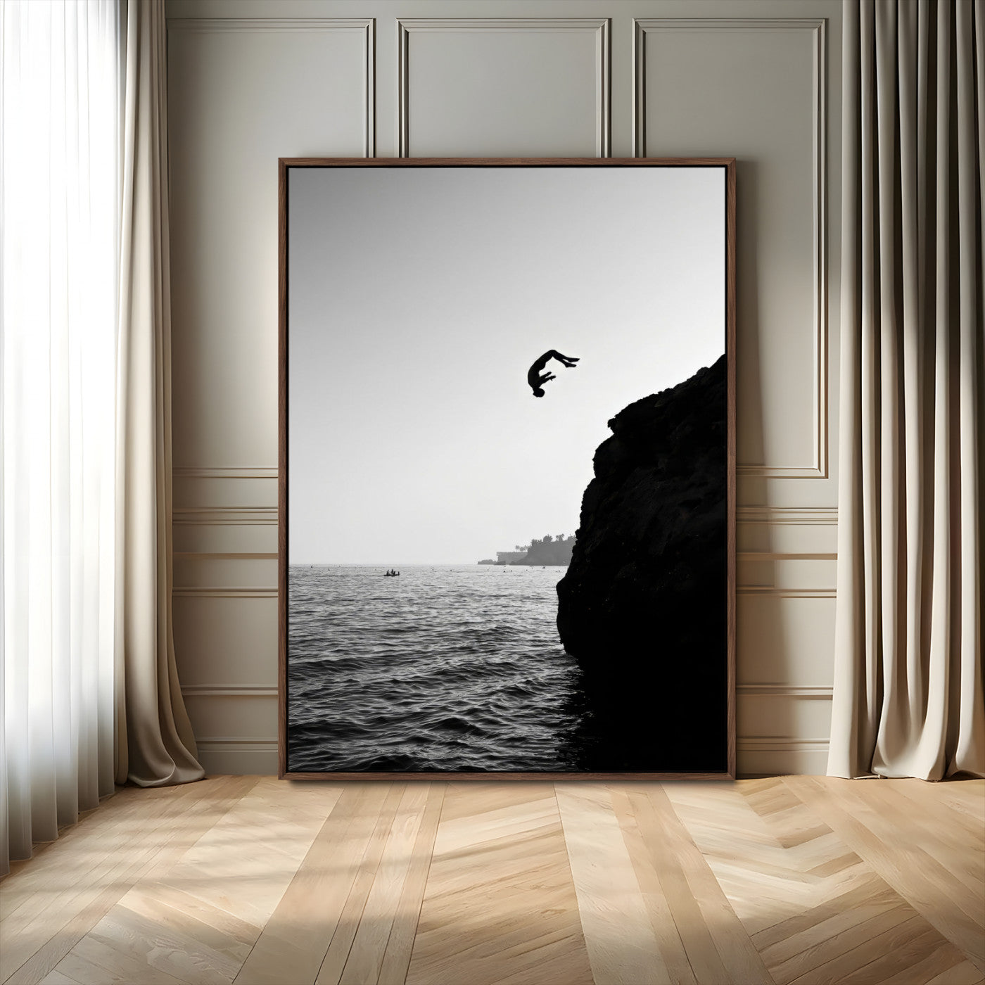 36618494-MGV-FC-24X36_Walnut-Modern Wall Art – Cliff Diver Black and White Canvas Print, Bold Ocean Photography Decor for Bedroom, Living Room, Office, Coastal