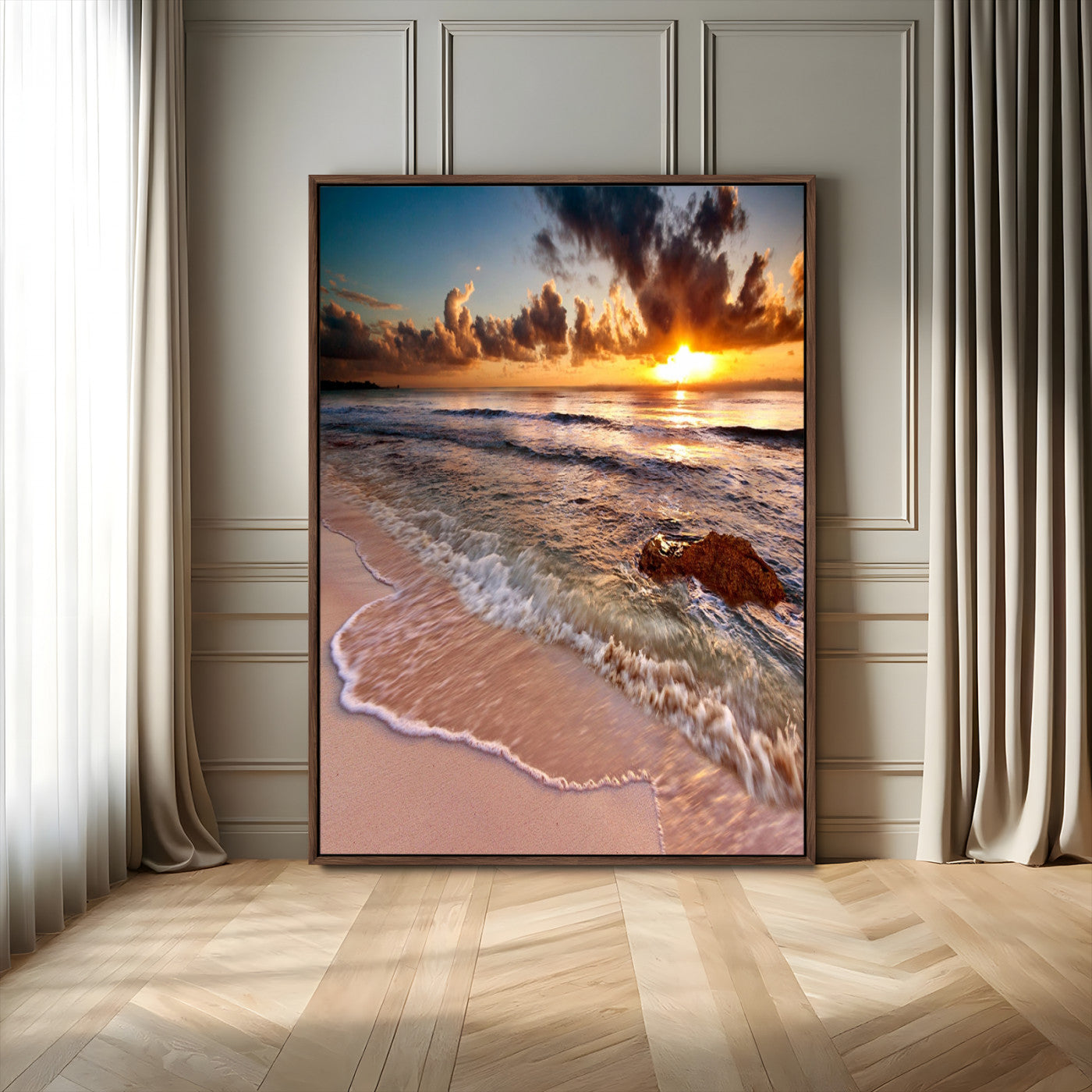 14930-MGV-FC-24X36_Walnut-Beach Sunset Wall Art Canvas Print, Framed Ocean Horizon Art Picture Print, Tropical Shore Perfect Minimalist Coastal Decor