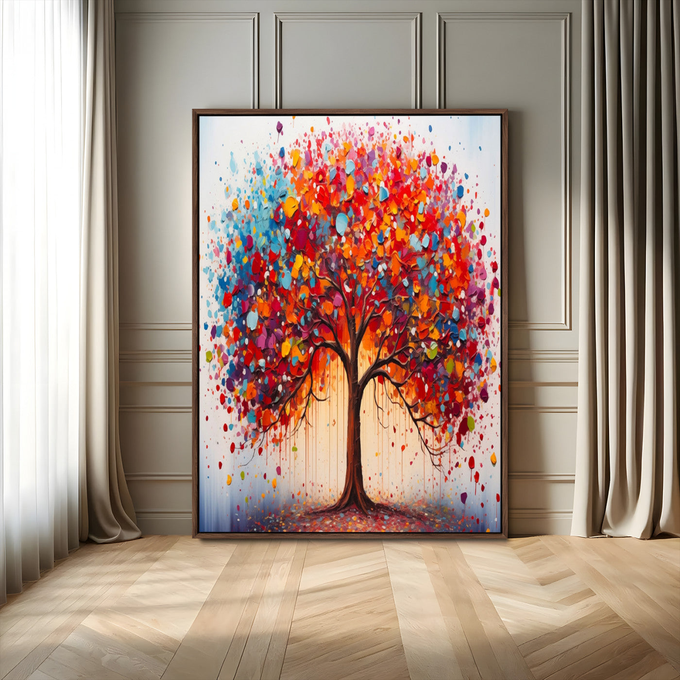 42478-MGV-FC-24X36_Walnut-Colorful Tree Wall Art Canvas Print, Framed Abstract Leaves Art Picture Print, Vibrant Tree Perfect Modern Nature Decor Artwork
