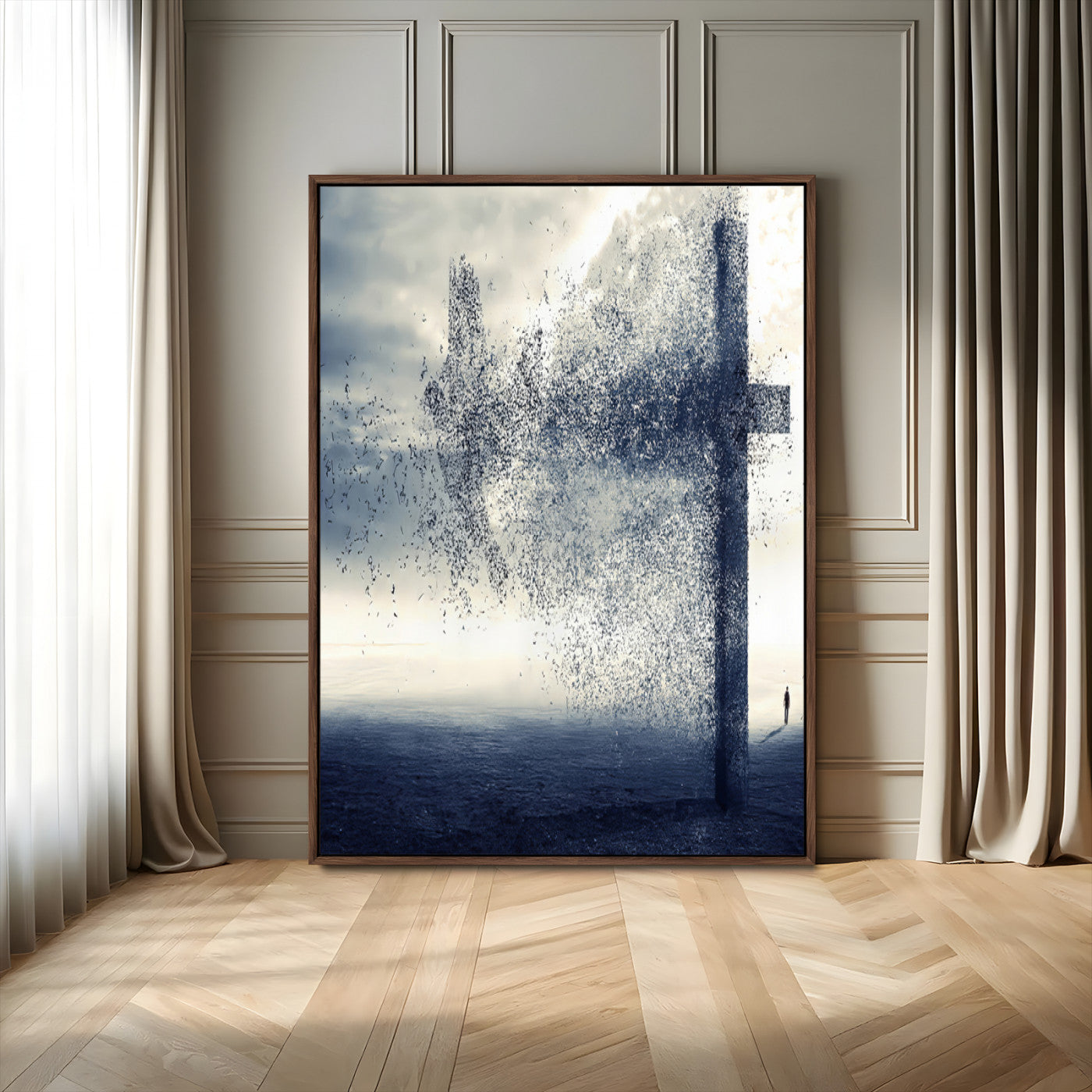 98984-MGV-FC-24X36_Walnut-Disintegrating Cross Wall Art Canvas Print, Framed Abstract Symbol Art Picture Print, Conceptual Horizon Perfect Spiritual