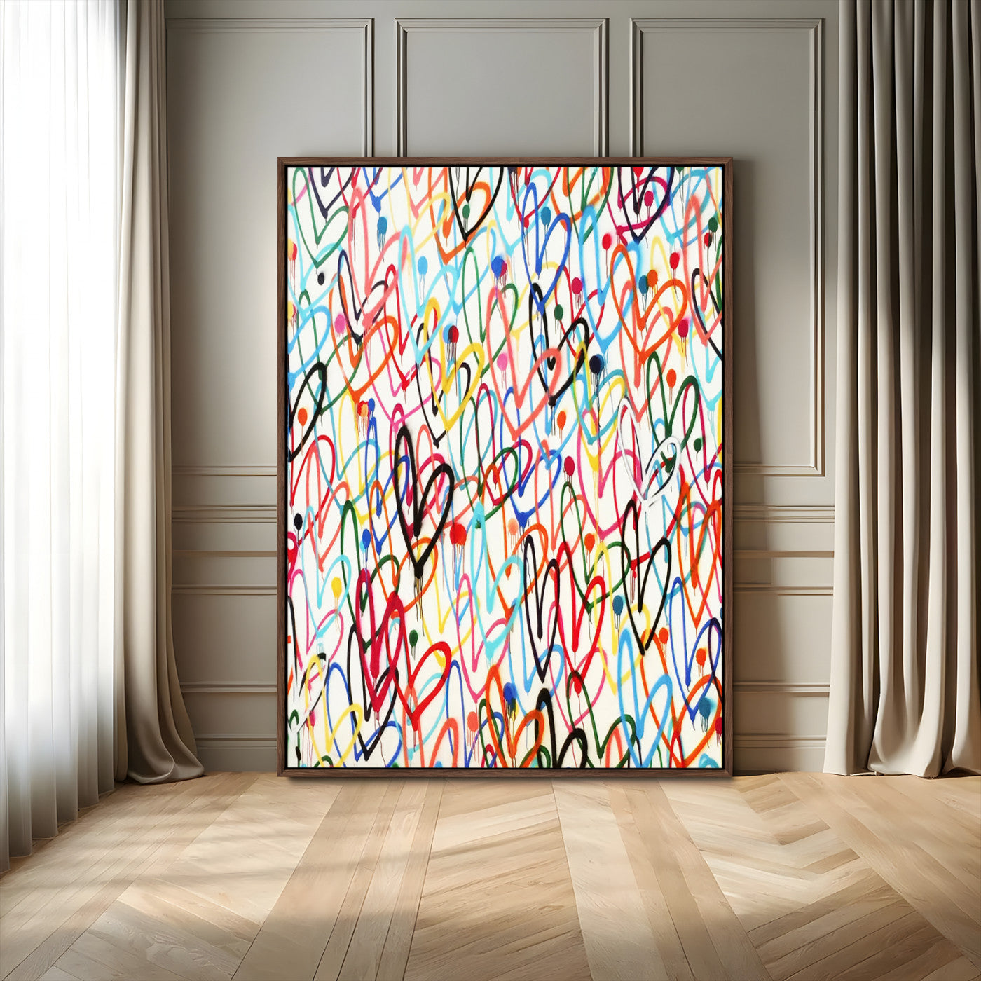 43135-MGV-FC-24X36_Walnut-Graffiti Hearts Wall Art Canvas Print, Framed Colorful Hearts Art Picture Print, Multicolor Graffiti Perfect Urban Pop Decor