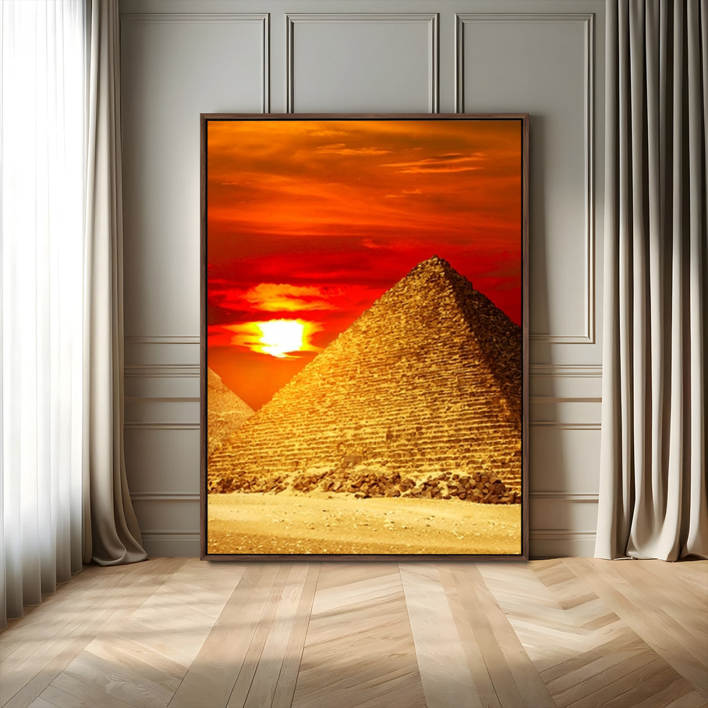 13047-MGV-FC-24X36_Walnut-Pyramids Giza Wall Art – Golden Sunset Egypt Canvas Print, Ancient World Landmark Photography Decor for Living Room, Office, Study