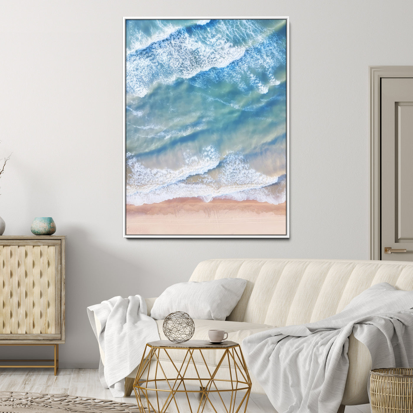 81208260-MGV-CV-24X36-Aerial Ocean Wall Art Canvas Print, Framed Blue Waves Art Picture Print, Sandy Shoreline Perfect Modern Coastal Decor Artwork