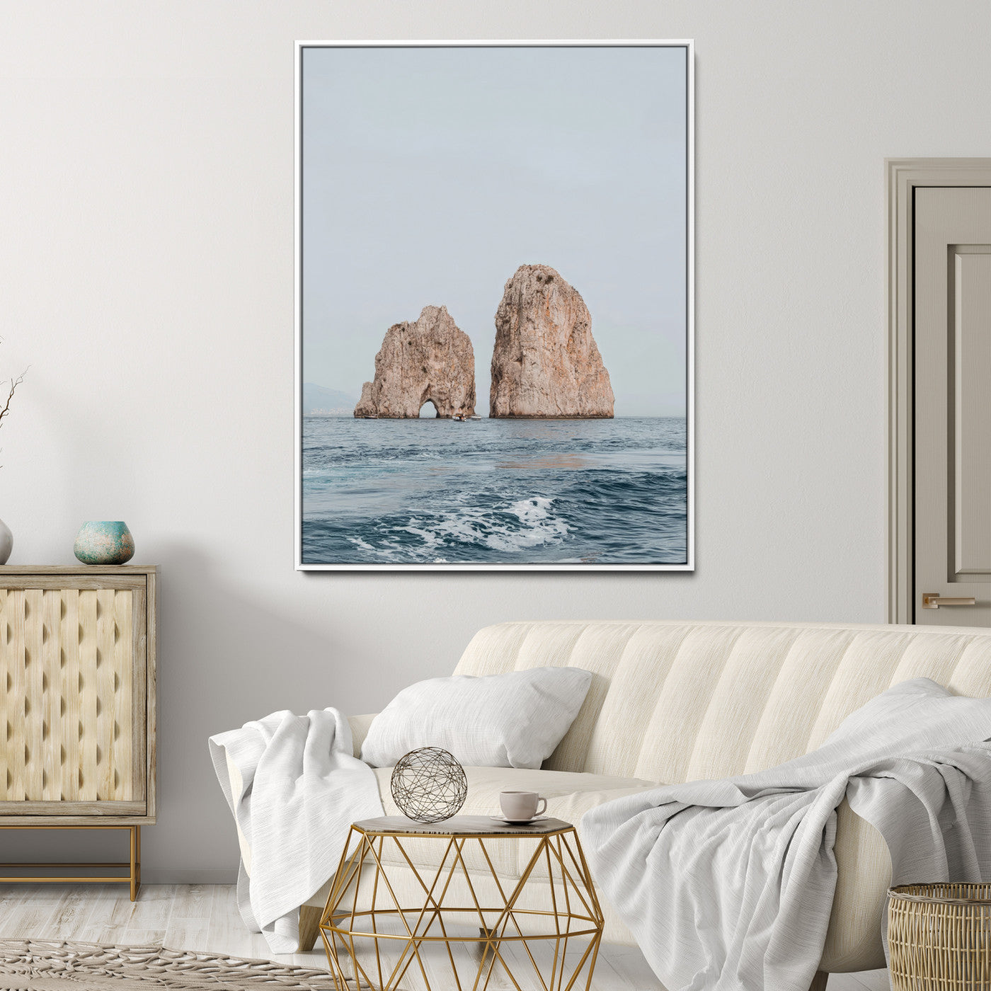 23148844-MGV-CV-24X36-Faraglioni Capri Wall Art Canvas Print, Framed Serene Ocean Art Picture Print, Mediterranean Coastal Perfect Mediterranean