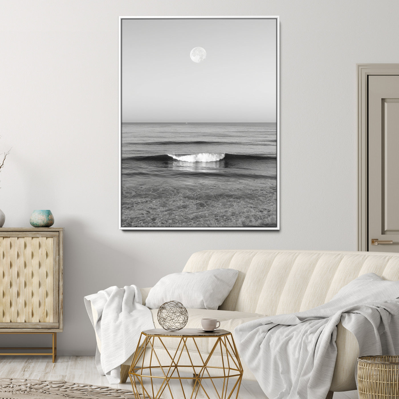 96234442-MGV-CV-24X36-Black White Ocean Scene Wall Art Canvas Print, Framed Full Moon Over Sea Art Picture Print, Tranquil Coastal Canvas Perfect