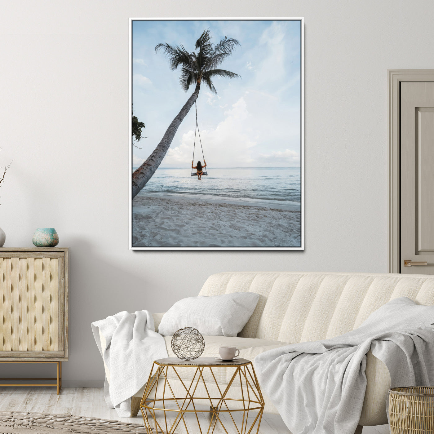 86062249-MGV-CV-24X36-Tropical Swing Wall Art Canvas Print, Framed Ocean Horizon Art Picture Print, Palm Trees Perfect Tropical Minimalist Decor Artwork