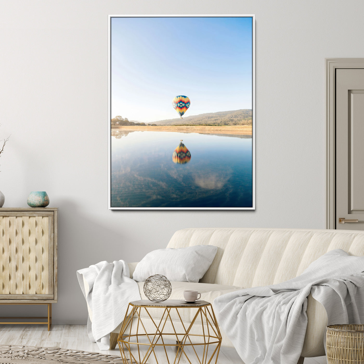98091684-MGV-CV-24X36-Hot Air Balloon Wall Art Canvas Print, Framed Flight Reflection Art Picture Print, Peaceful Lakeside Perfect Modern Minimalist