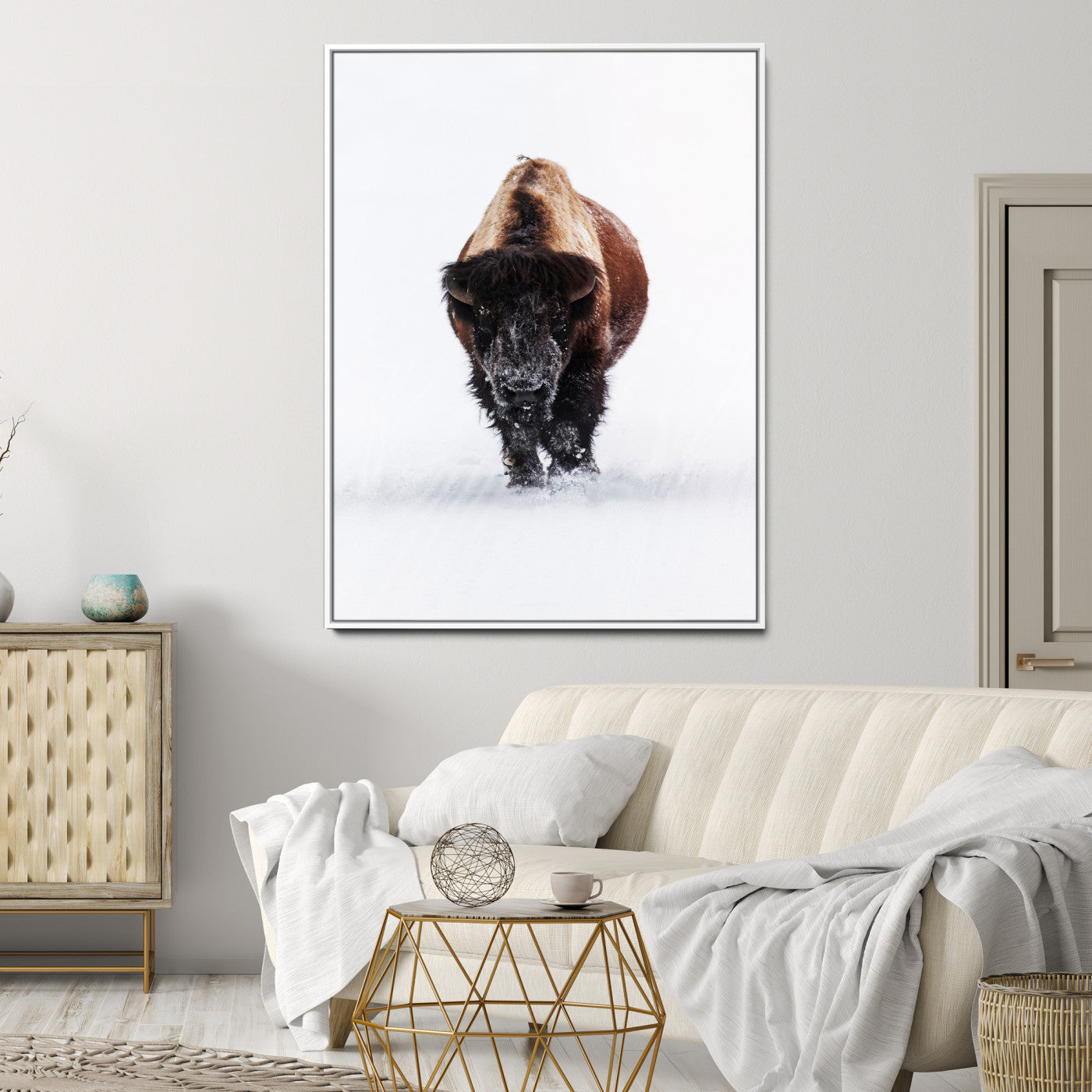 11394883-MGV-CV-24X36-Winter Bison Wall Art Canvas Print, Framed Rustic Wildlife Art Picture Print, Bold Animal Art Perfect Rustic Lodge Decor Artwork
