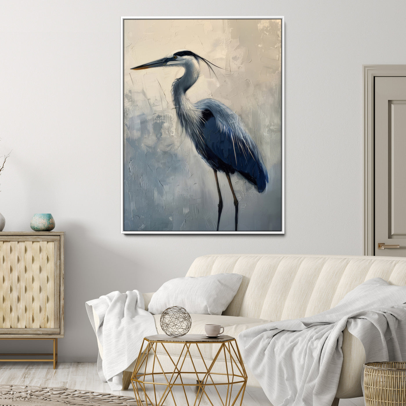 68368019-MGV-CV-24X36-Blue Heron Art Wall Art Canvas Print, Framed Crane Bird Painting Art Picture Print, Elegant Wildlife Scene Perfect Coastal