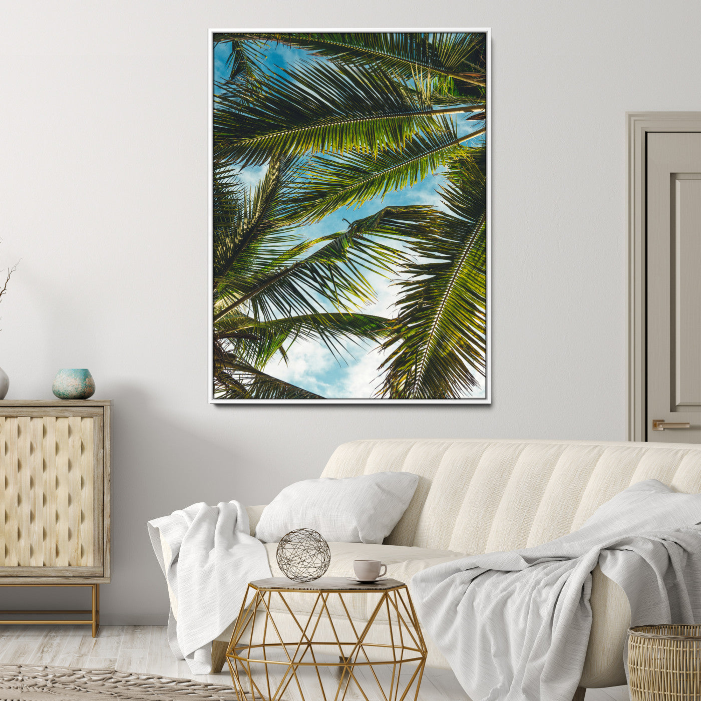31086560-MGV-CV-24X36-Palm Leaves Wall Art Canvas Print, Framed Tropical Vibes Art Picture Print, Green Foliage Perfect Tropical Boho Decor Artwork
