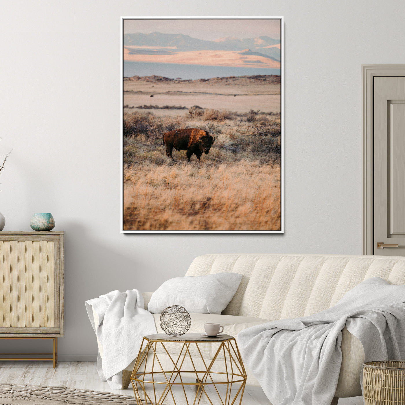 75146693-MGV-CV-24X36-Solitary Buffalo Wall Art Canvas Print, Framed Golden Prairie Art Picture Print, Earthy Tones Perfect Rustic Western Decor Artwork