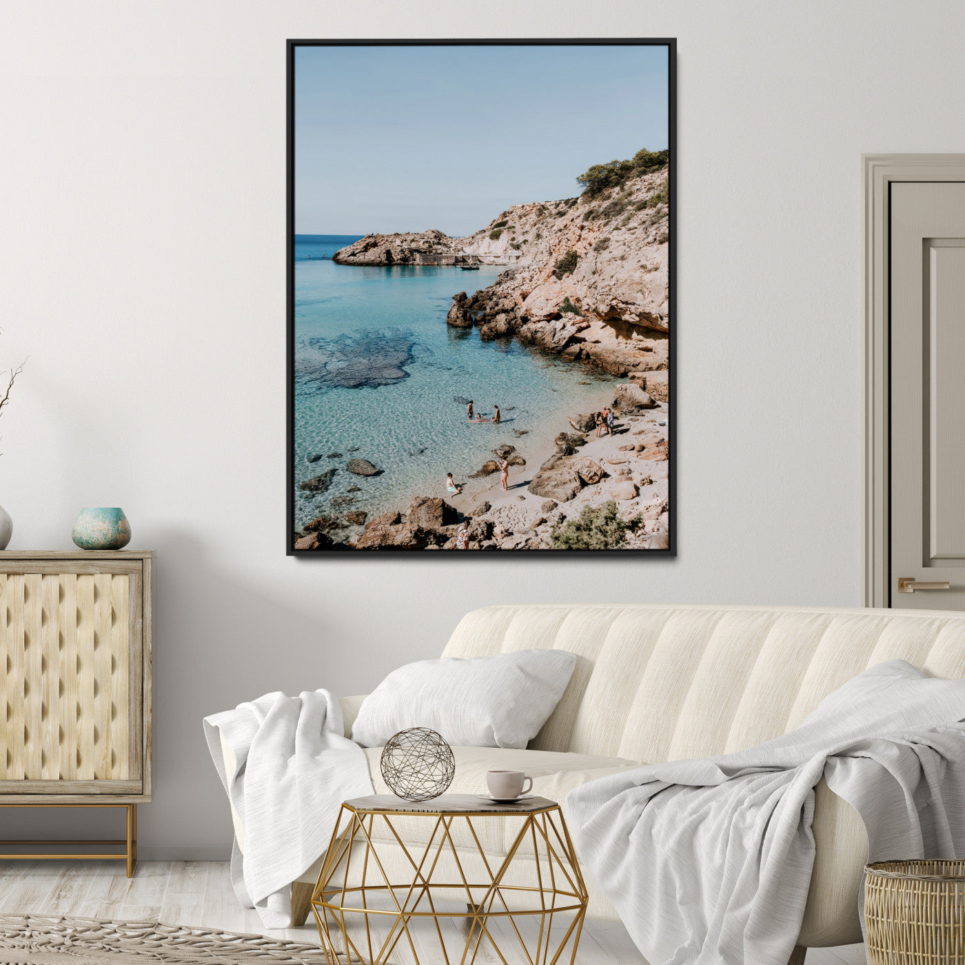 97854283-MGV-CV-24X36-Turquoise Cove Wall Art Canvas Print, Framed Ibiza Beach Art Picture Print, Mediterranean Shore Perfect Boho Coastal Decor Artwork