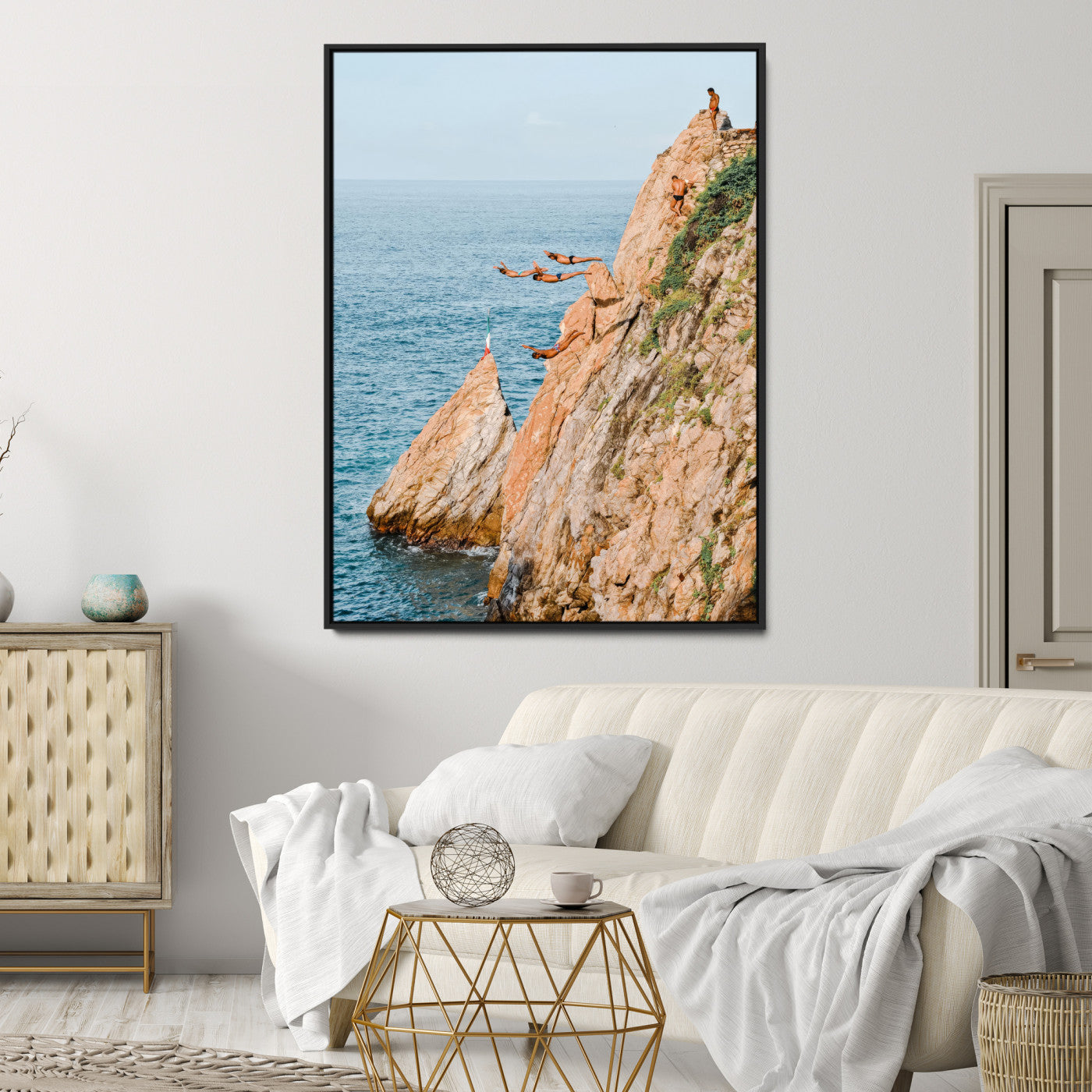 74527880-MGV-CV-24X36-Cliff Divers Wall Art Canvas Print, Framed Ocean Adventure Art Picture Print, Coastal Movement Perfect Adventurous Coastal Decor
