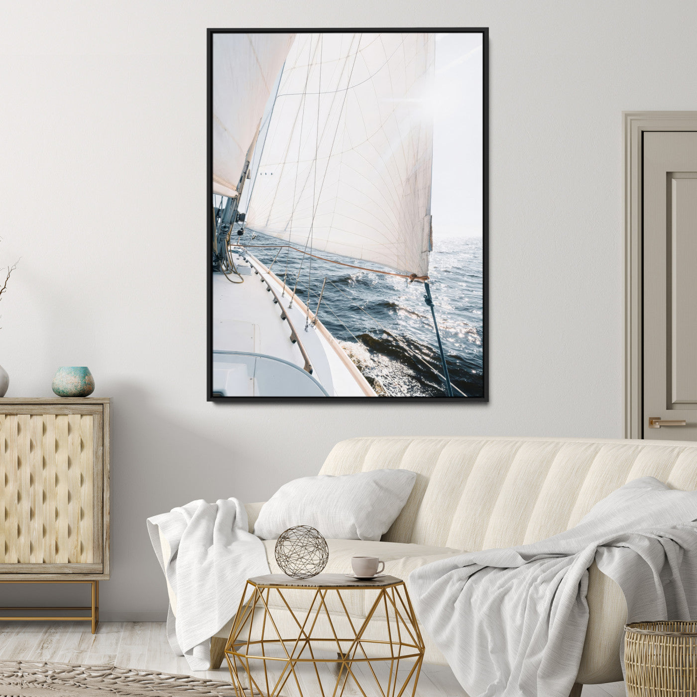 95570785-MGV-CV-24X36-Sailing Boat Wall Art Canvas Print, Framed Bright Nautical Art Picture Print, Sailing Sea Perfect Coastal Minimalist Decor Artwork