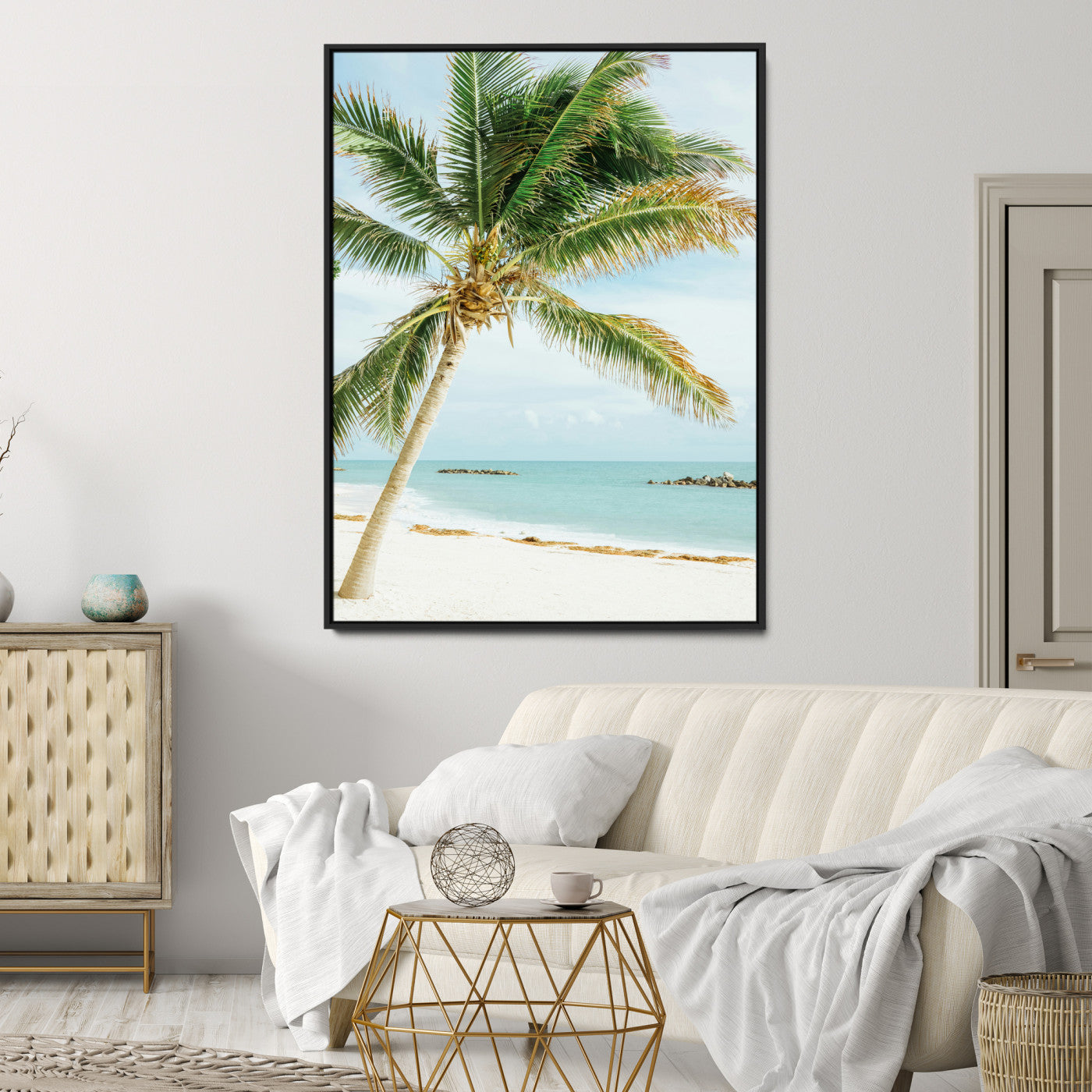 83804429-MGV-CV-24X36-Palm Tree Wall Art Canvas Print, Framed Tropical Beach Art Picture Print, Soft Sand Perfect Tropical Coastal Decor Artwork