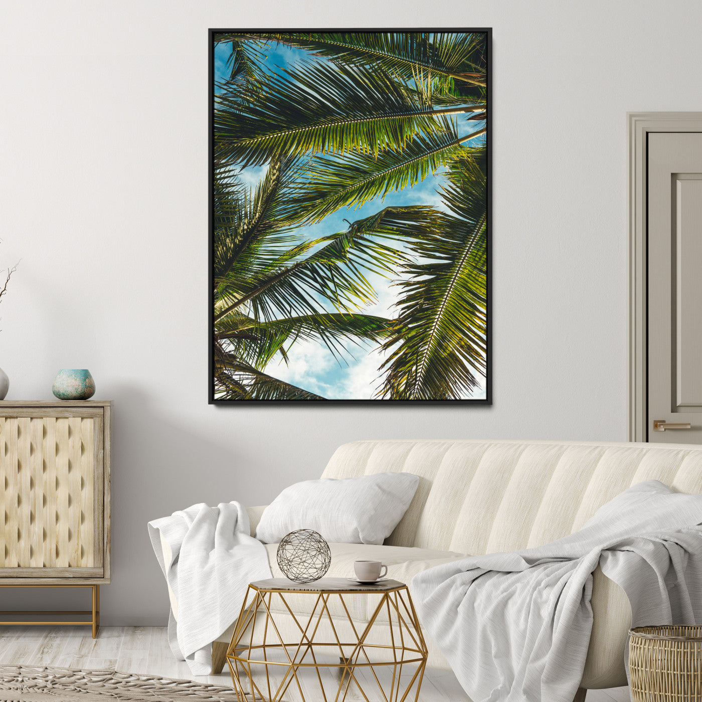 31086560-MGV-CV-24X36-Palm Leaves Wall Art Canvas Print, Framed Tropical Vibes Art Picture Print, Green Foliage Perfect Tropical Boho Decor Artwork
