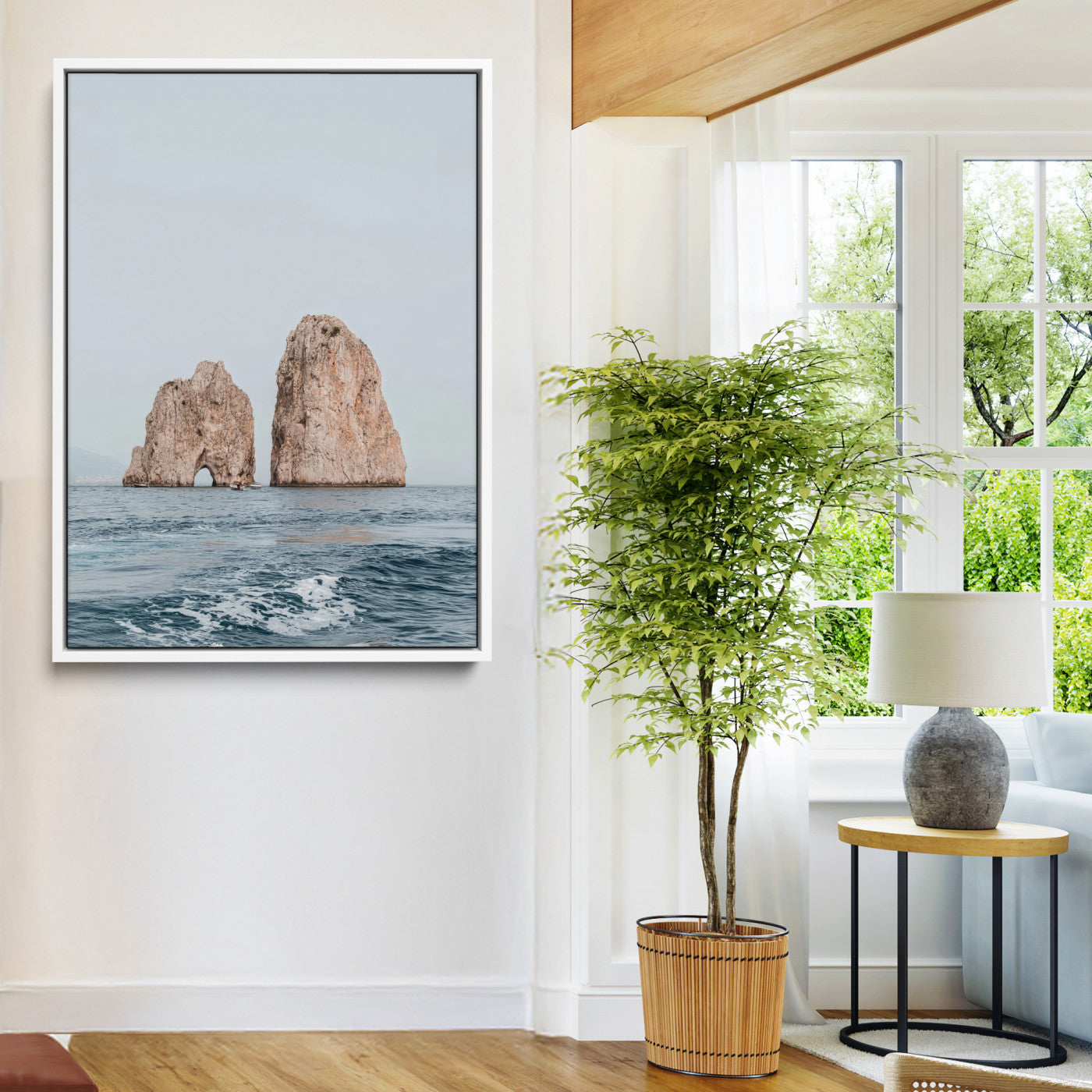 23148844-MGV-FC-24X36-Faraglioni Capri Wall Art Canvas Print, Framed Serene Ocean Art Picture Print, Mediterranean Coastal Perfect Mediterranean