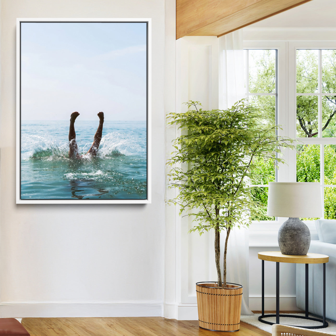 14351555-MGV-FC-24X36-Ocean Splash Wall Art Canvas Print, Framed Playful Beach Art Picture Print, Coastal Summer Perfect Coastal Contemporary Decor