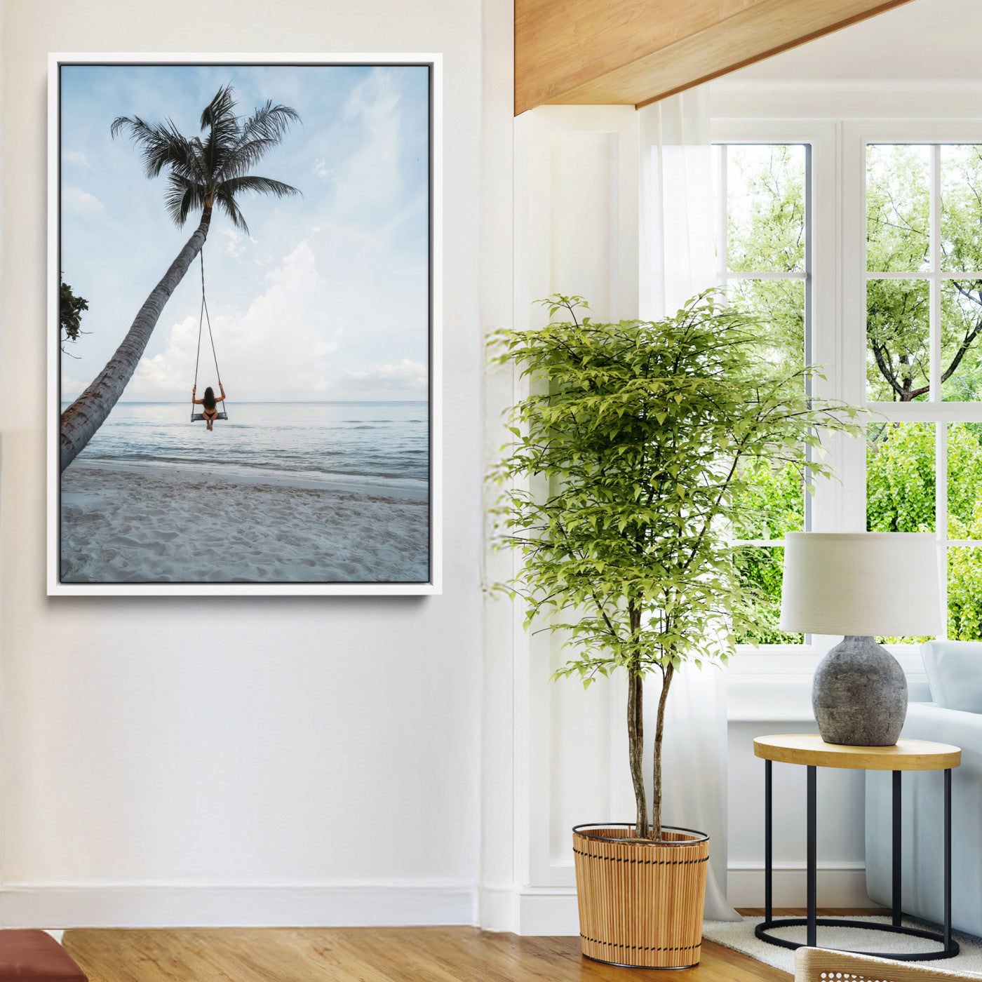 86062249-MGV-FC-24X36-Tropical Swing Wall Art Canvas Print, Framed Ocean Horizon Art Picture Print, Palm Trees Perfect Tropical Minimalist Decor Artwork
