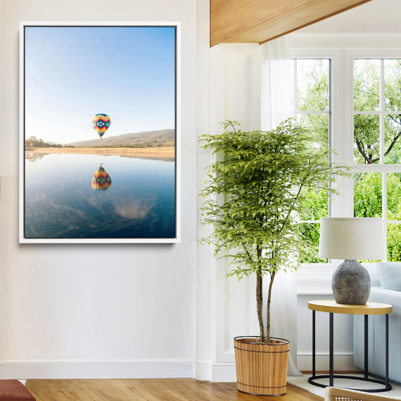 98091684-MGV-FC-24X36-Hot Air Balloon Wall Art Canvas Print, Framed Flight Reflection Art Picture Print, Peaceful Lakeside Perfect Modern Minimalist