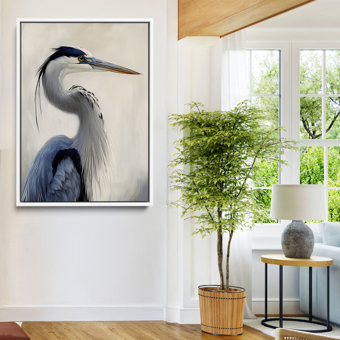 79581184-MGV-FC-24X36-Blue Heron Wall Art Canvas Print, Framed Elegant Wildlife Art Picture Print, Minimalist Bird Theme Perfect Coastal Minimalist