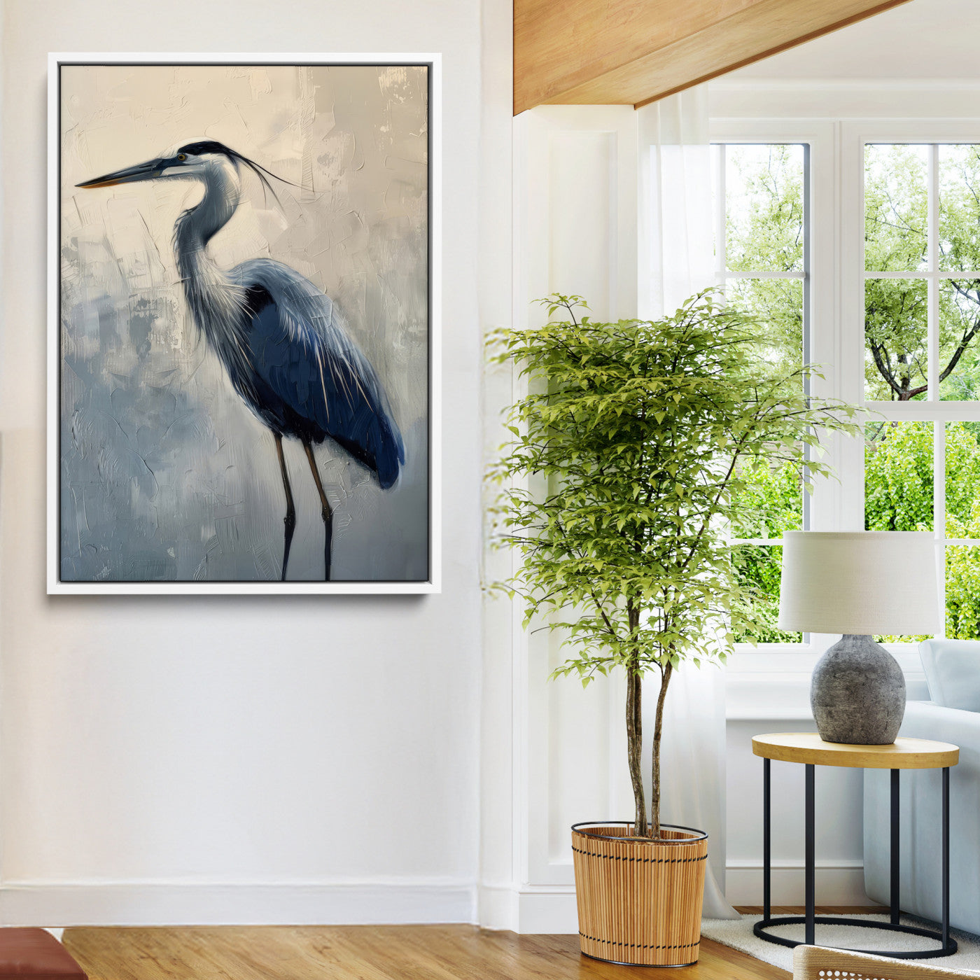 68368019-MGV-FC-24X36-Blue Heron Art Wall Art Canvas Print, Framed Crane Bird Painting Art Picture Print, Elegant Wildlife Scene Perfect Coastal