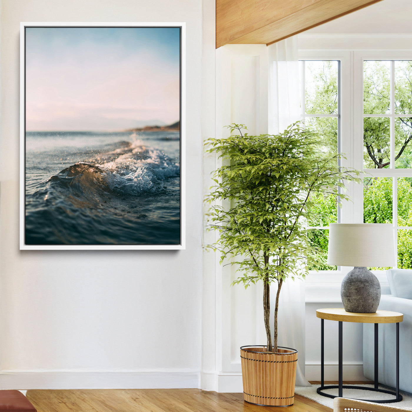 65283502-MGV-FC-24X36-Ocean Waves Wall Art Canvas Print, Framed Coastal Serenity Art Picture Print, Golden Hour Perfect Modern Coastal Decor Artwork