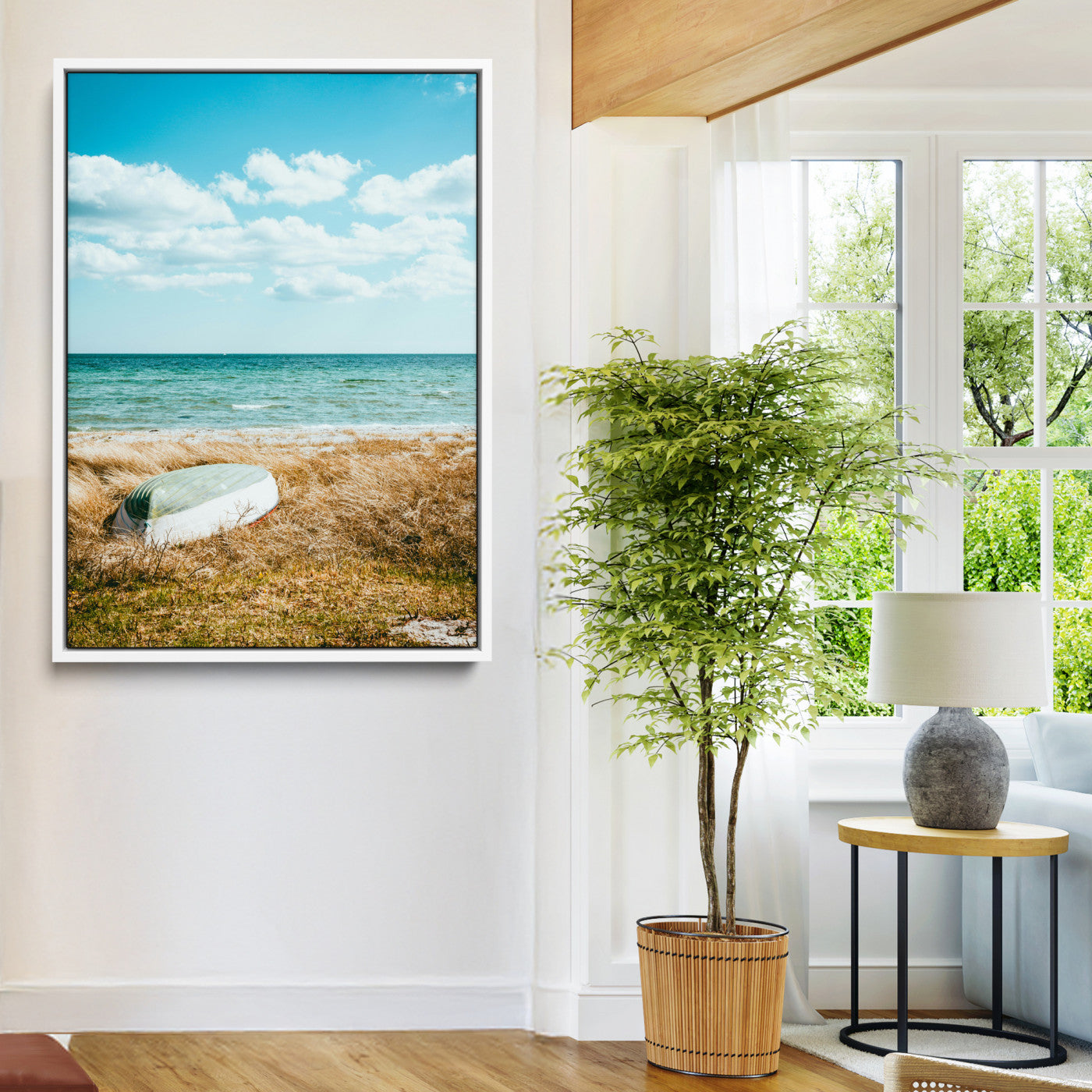 21725303-MGV-FC-24X36-Coastal Serenity Wall Art Canvas Print, Framed Ocean View Art Picture Print, Rustic Boat Perfect Nautical Coastal Decor Artwork