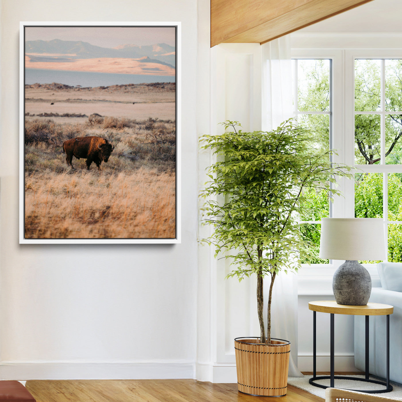 75146693-MGV-FC-24X36-Solitary Buffalo Wall Art Canvas Print, Framed Golden Prairie Art Picture Print, Earthy Tones Perfect Rustic Western Decor Artwork