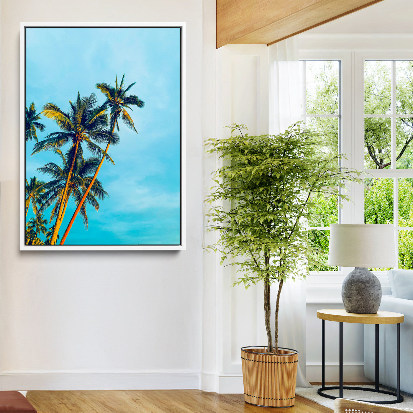 62885569-MGV-FC-24X36-Palm Trees Wall Art Canvas Print, Framed Tropical Vibes Art Picture Print, Blue Sky Perfect Coastal Boho Decor Artwork