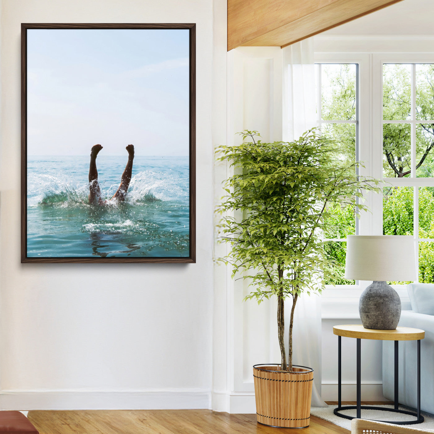 14351555-MGV-CV-24X36-Ocean Splash Wall Art Canvas Print, Framed Playful Beach Art Picture Print, Coastal Summer Perfect Coastal Contemporary Decor