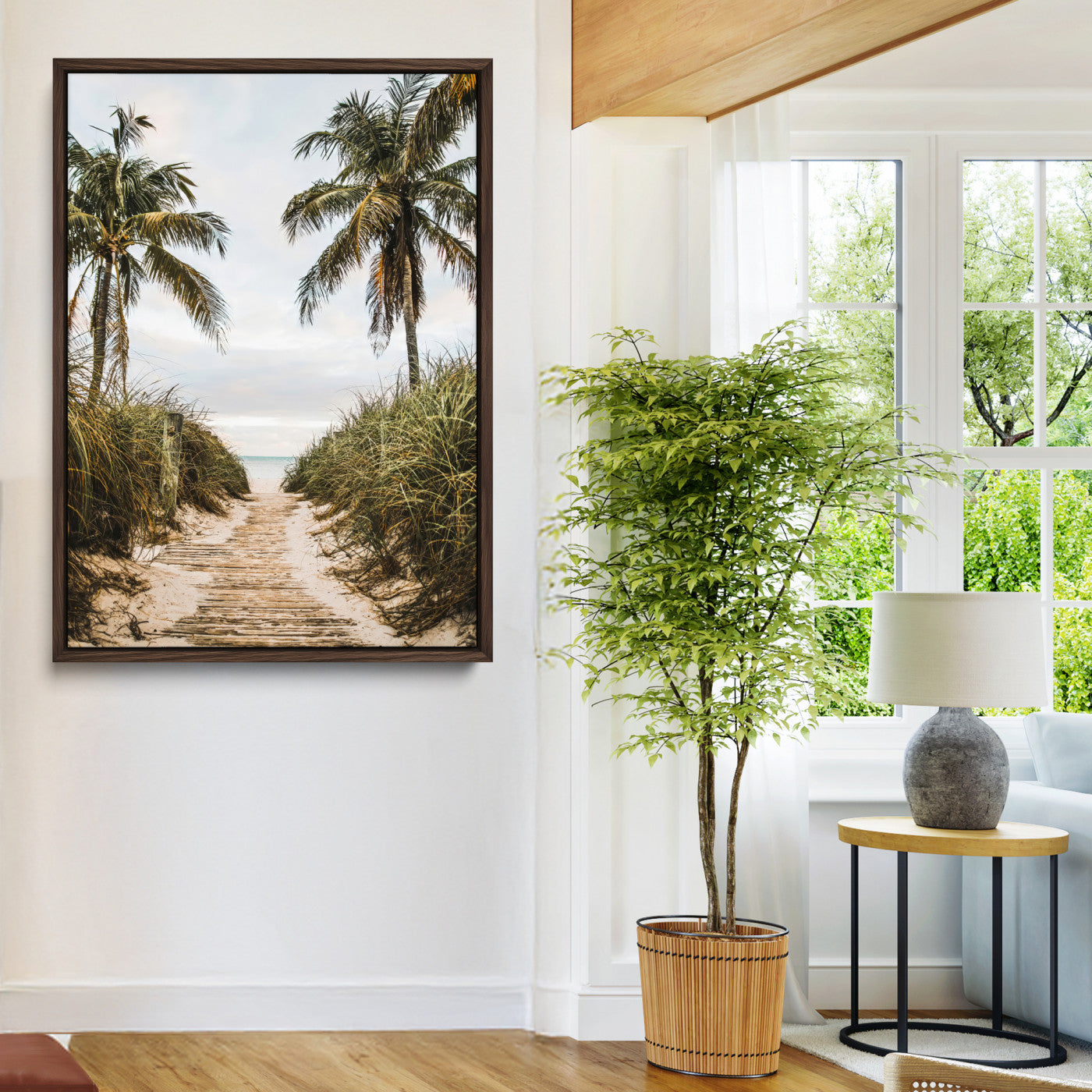 47319550-MGV-CV-24X36-Tropical Beach Wall Art Canvas Print, Framed Rustic Sand Art Picture Print, Palm Tree Perfect Tropical Coastal Decor Artwork