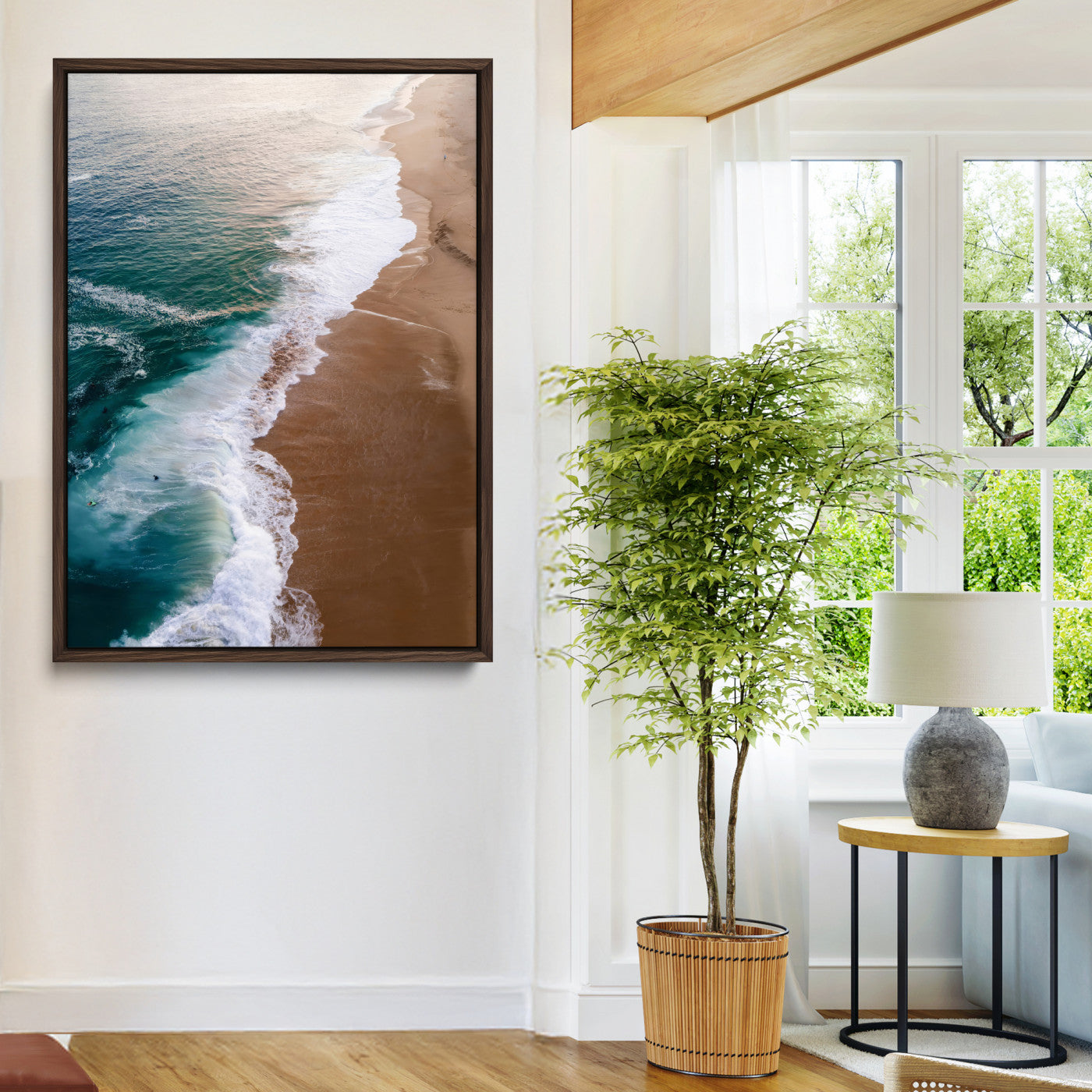 46042804-MGV-CV-24X36-Aerial Beach Wall Art Canvas Print, Framed Coastal Waves Art Picture Print, Turquoise Ocean Perfect Modern Coastal Decor Artwork