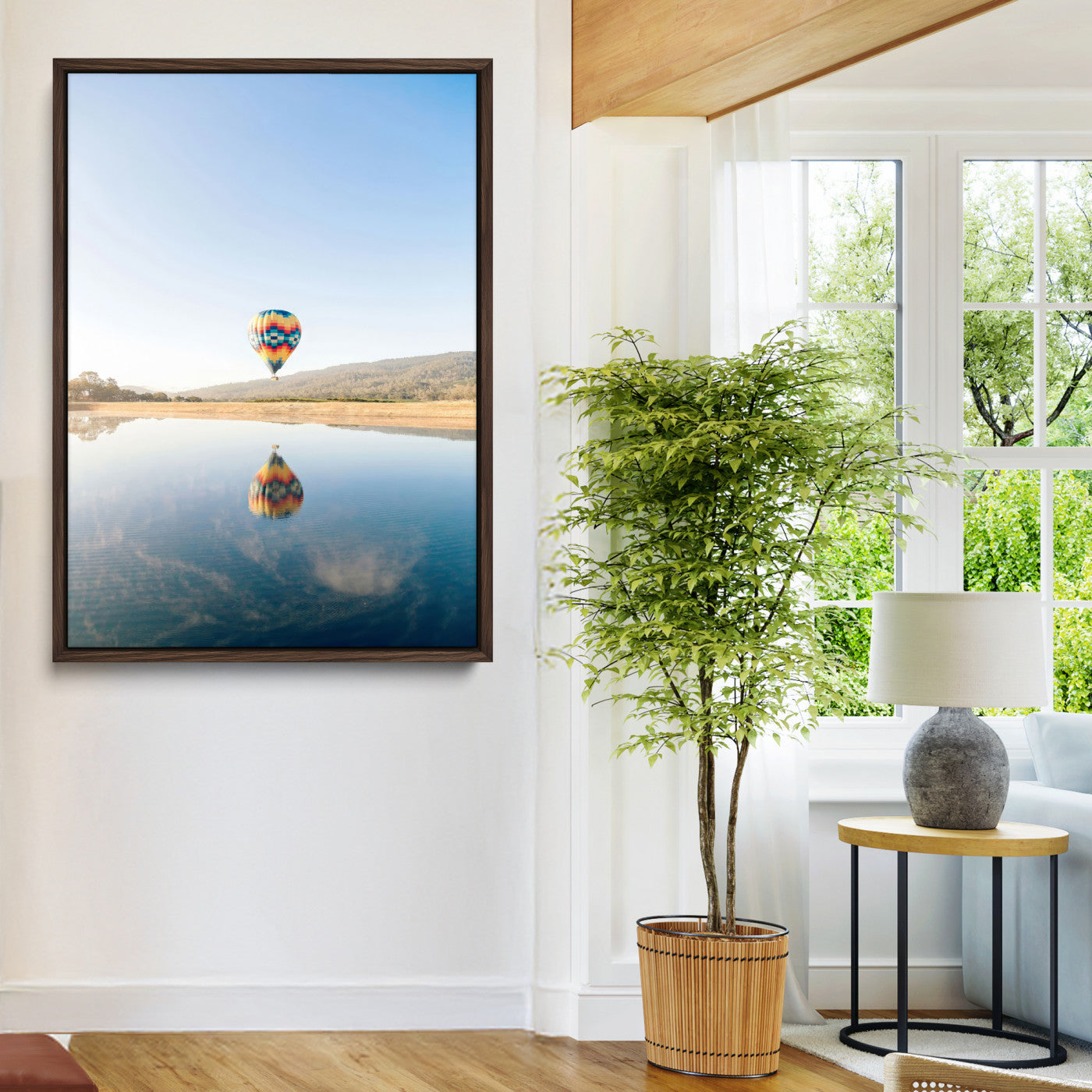 98091684-MGV-CV-24X36-Hot Air Balloon Wall Art Canvas Print, Framed Flight Reflection Art Picture Print, Peaceful Lakeside Perfect Modern Minimalist