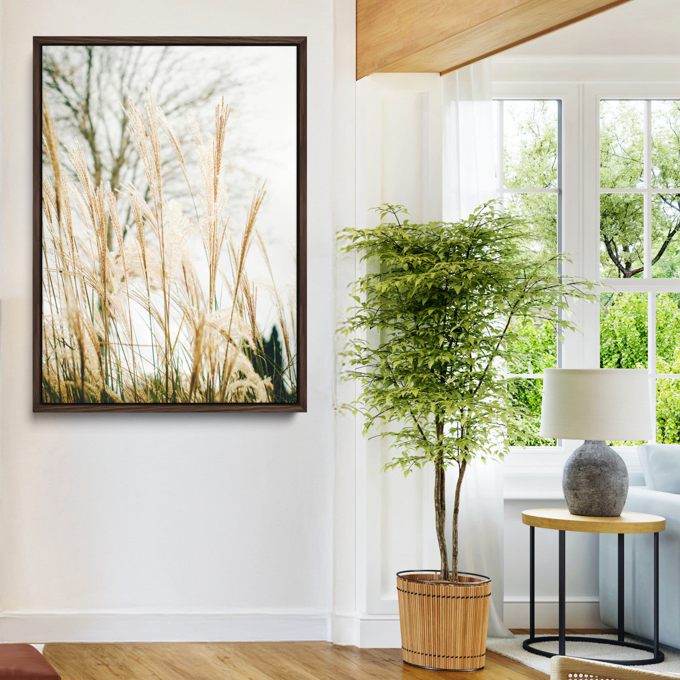 17571705-MGV-CV-24X36-Pampas Grass Wall Art Canvas Print, Framed Neutral Tones Art Picture Print, Minimalist Nature Perfect Boho Minimalist Decor