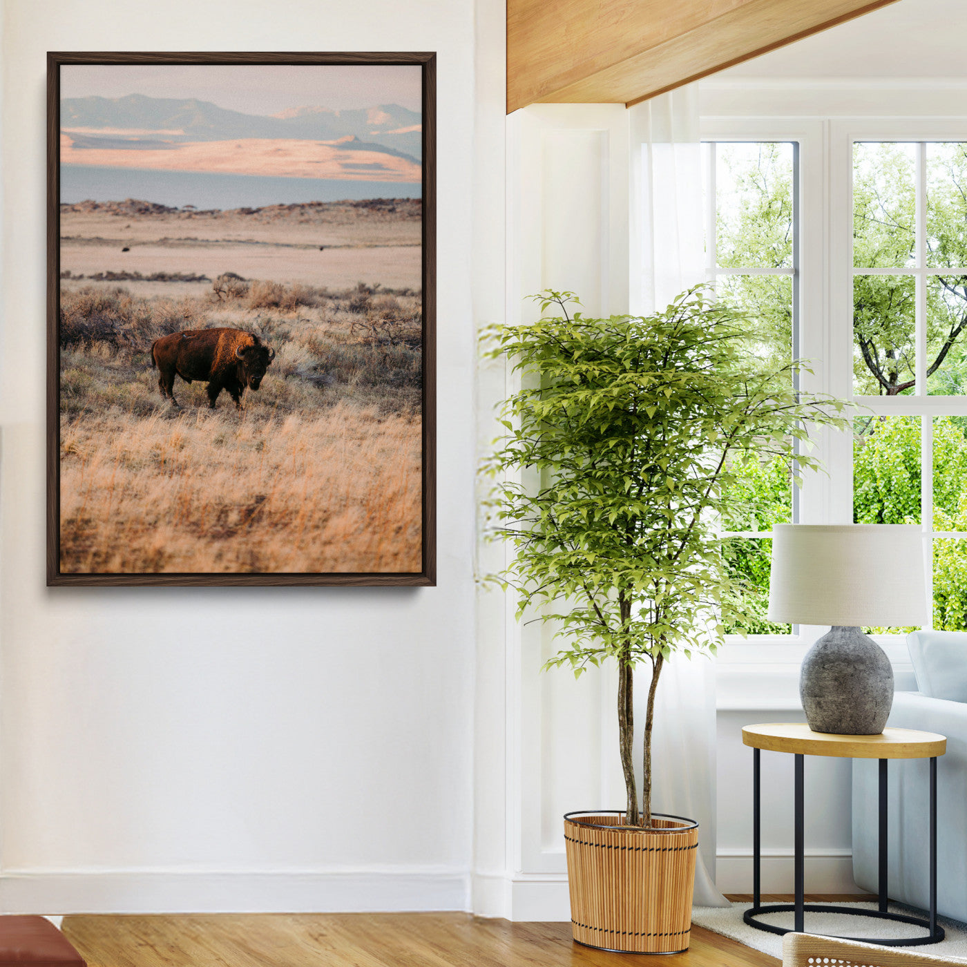 75146693-MGV-CV-24X36-Solitary Buffalo Wall Art Canvas Print, Framed Golden Prairie Art Picture Print, Earthy Tones Perfect Rustic Western Decor Artwork