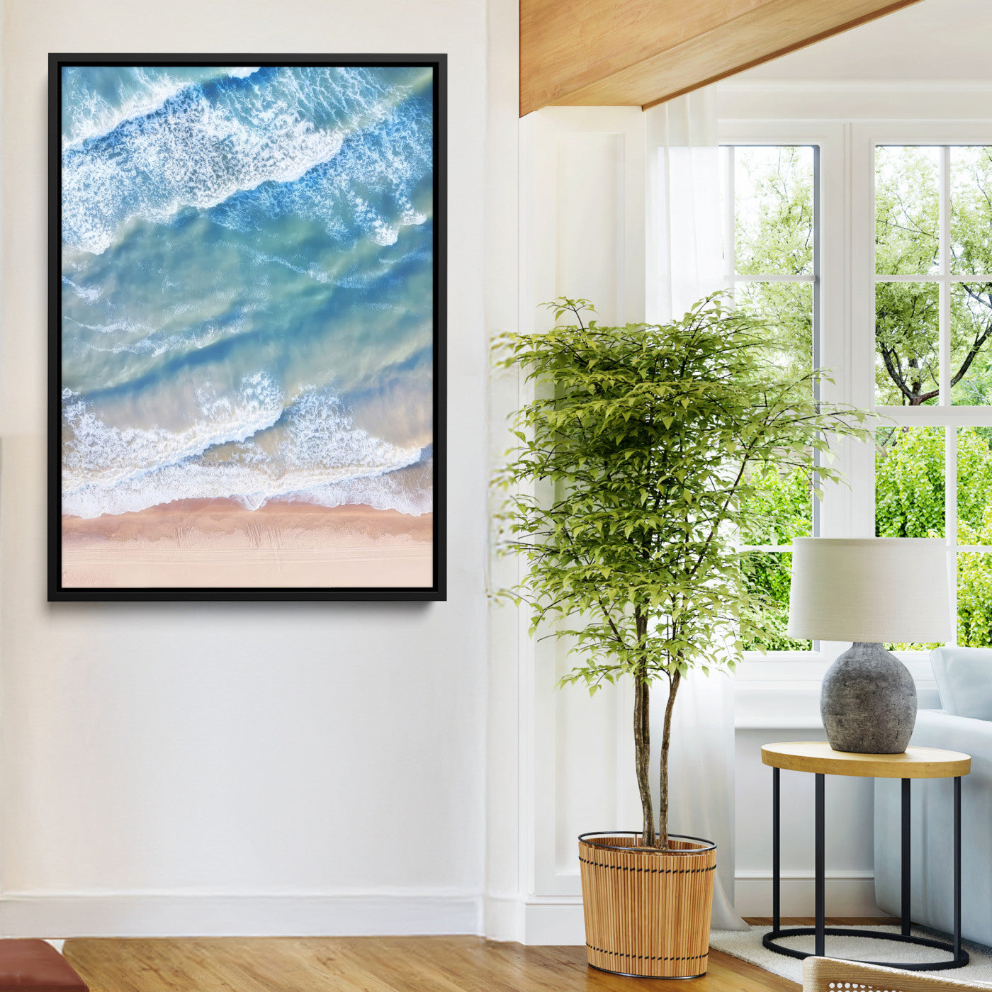 81208260-MGV-FC-24X36-Aerial Ocean Wall Art Canvas Print, Framed Blue Waves Art Picture Print, Sandy Shoreline Perfect Modern Coastal Decor Artwork
