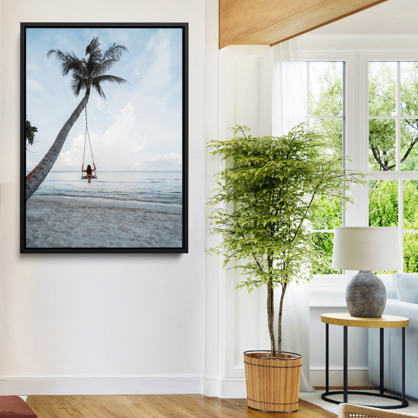 86062249-MGV-FC-24X36-Tropical Swing Wall Art Canvas Print, Framed Ocean Horizon Art Picture Print, Palm Trees Perfect Tropical Minimalist Decor Artwork