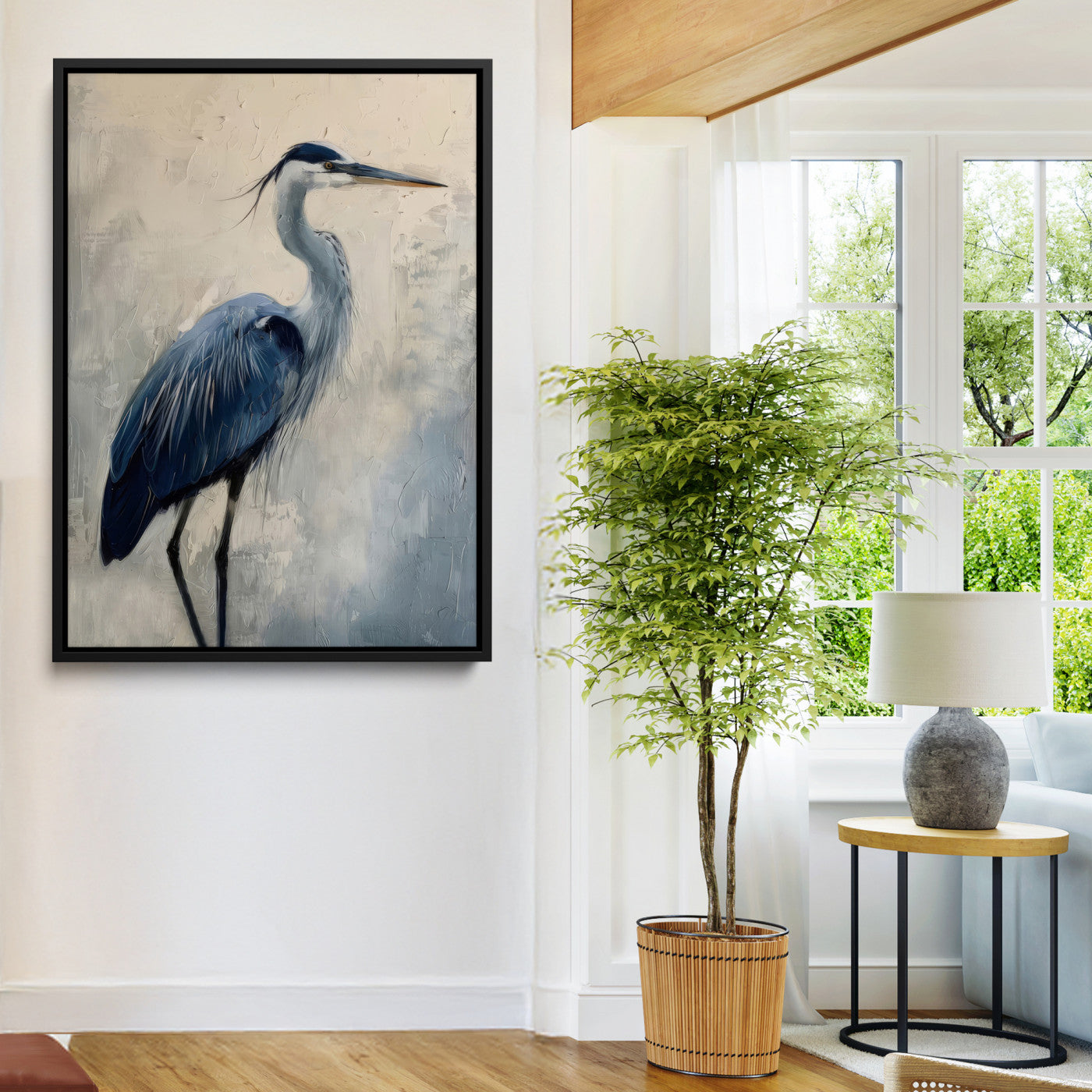 51380726-MGV-FC-24X36-Blue Heron Decor Wall Art Canvas Print, Framed Coastal Bird Design Art Picture Print, Minimal Heron Portrait Perfect Coastal