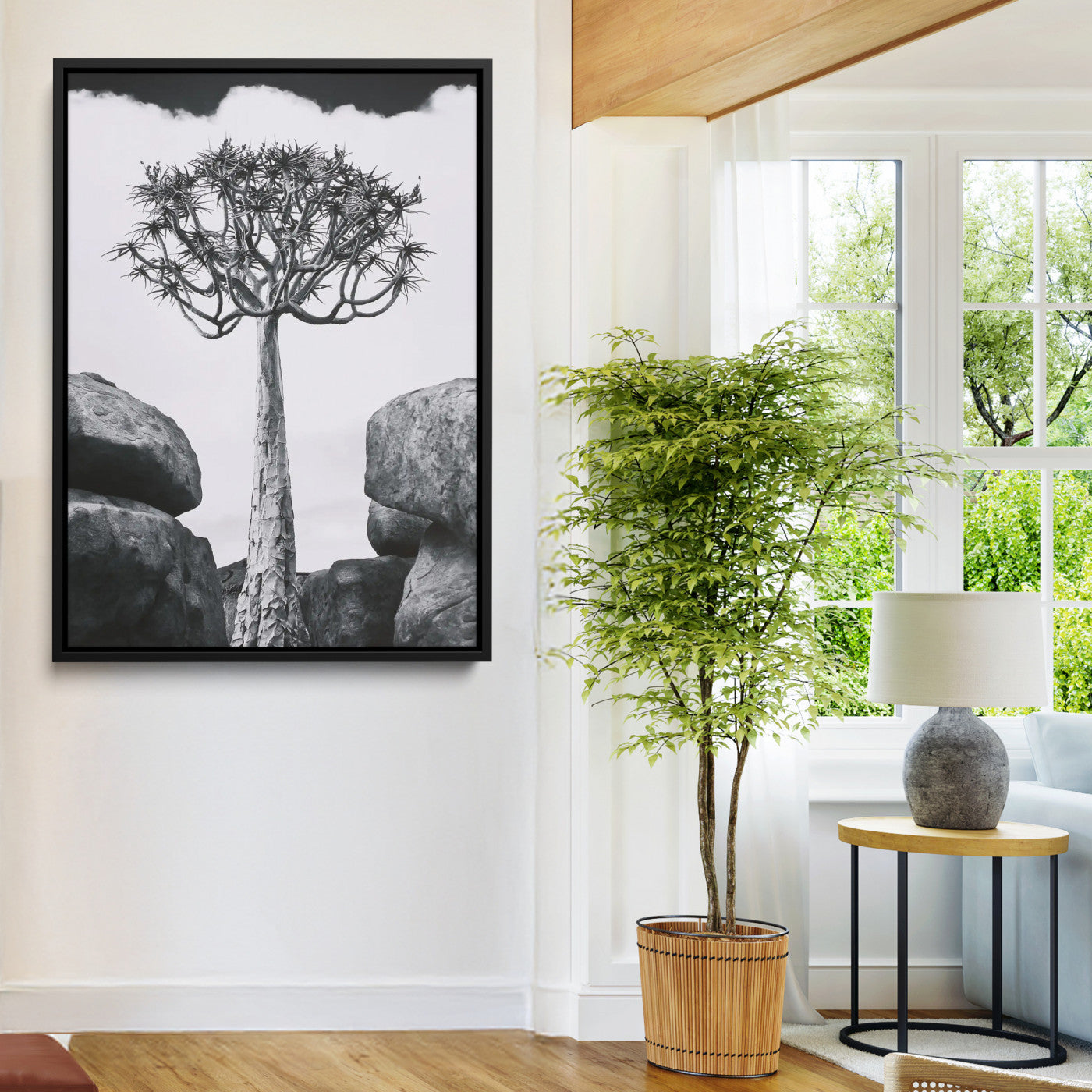 60628080-MGV-FC-24X36-Bold Tree Silhouette Wall Art Canvas Print, Framed Sculptural Tree Shape Art Picture Print, Desert Tree Perfect Modern Desert