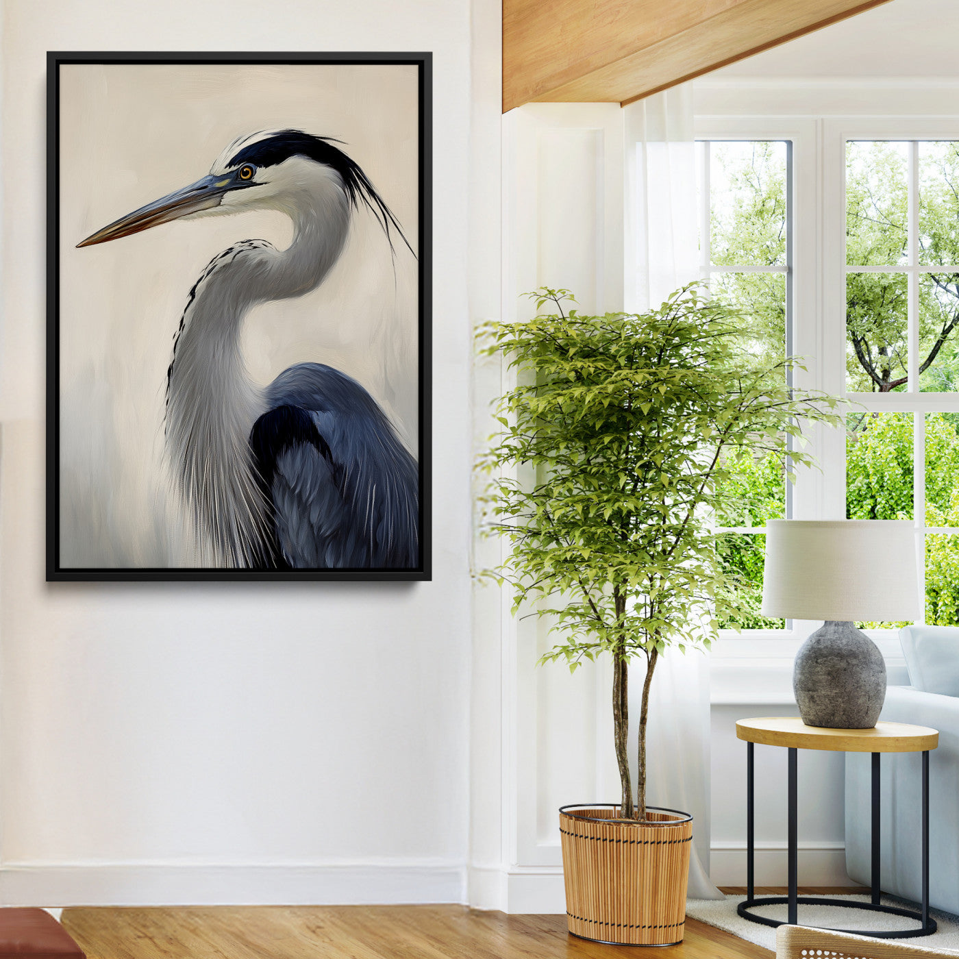 60171823-MGV-FC-24X36-Blue Heron Wall Art Canvas Print, Framed Coastal Bird Theme Art Picture Print, Minimalist Wildlife Perfect Coastal Minimalist