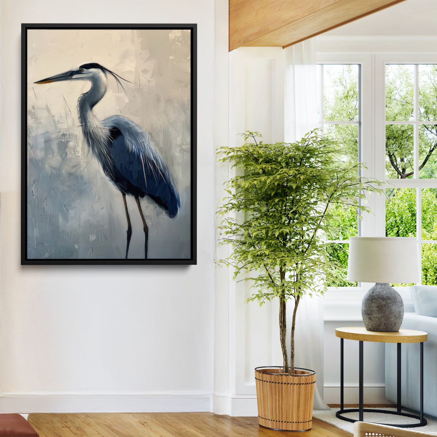 68368019-MGV-FC-24X36-Blue Heron Art Wall Art Canvas Print, Framed Crane Bird Painting Art Picture Print, Elegant Wildlife Scene Perfect Coastal