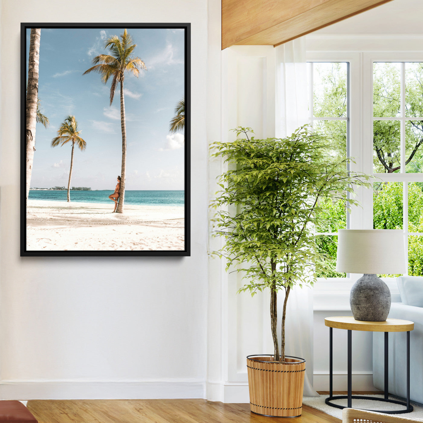 27750035-MGV-FC-24X36-Tropical Beach Scene Wall Art Canvas Print, Framed Palm Tree Photography Art Picture Print, Island Paradise Decor Perfect Coastal