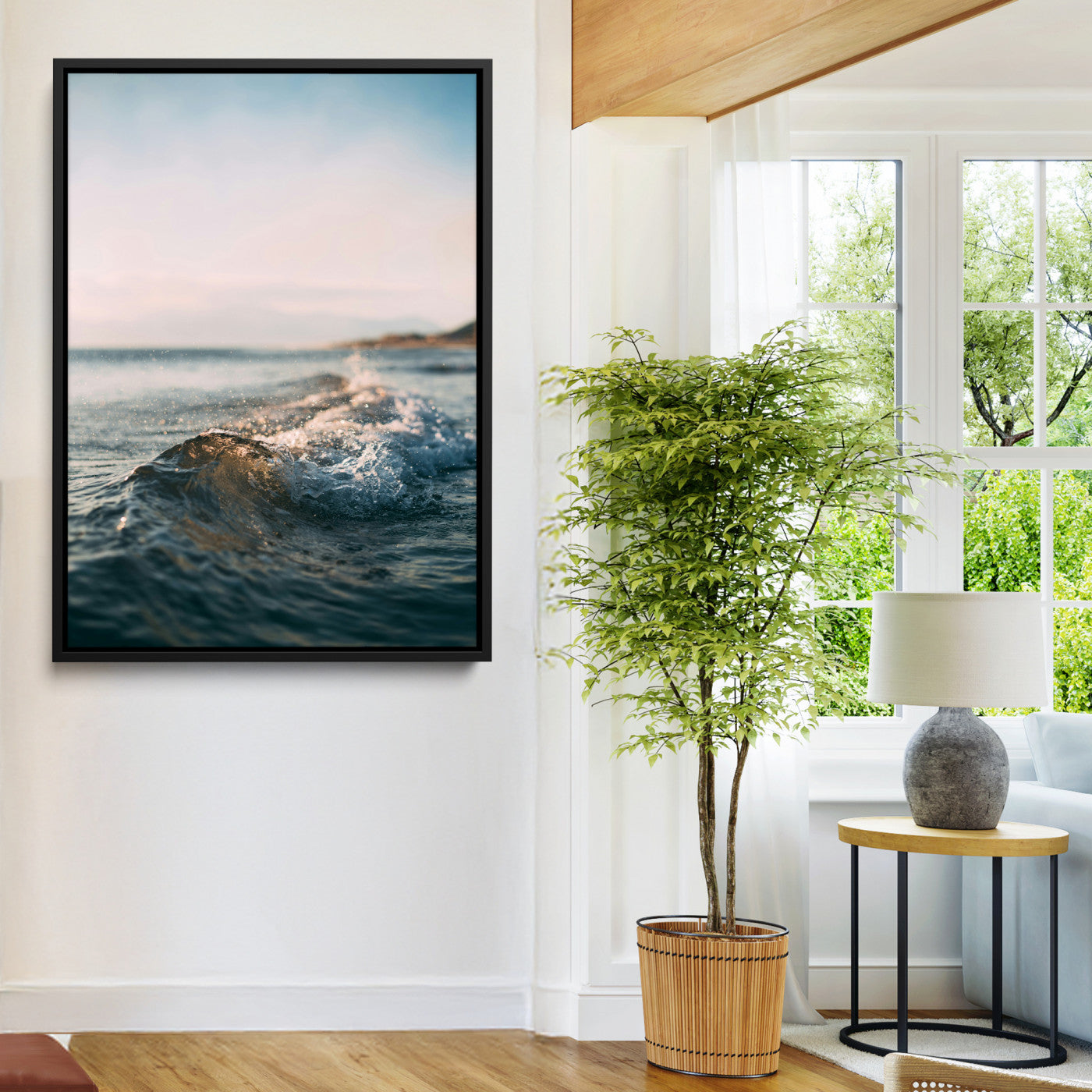 65283502-MGV-FC-24X36-Ocean Waves Wall Art Canvas Print, Framed Coastal Serenity Art Picture Print, Golden Hour Perfect Modern Coastal Decor Artwork