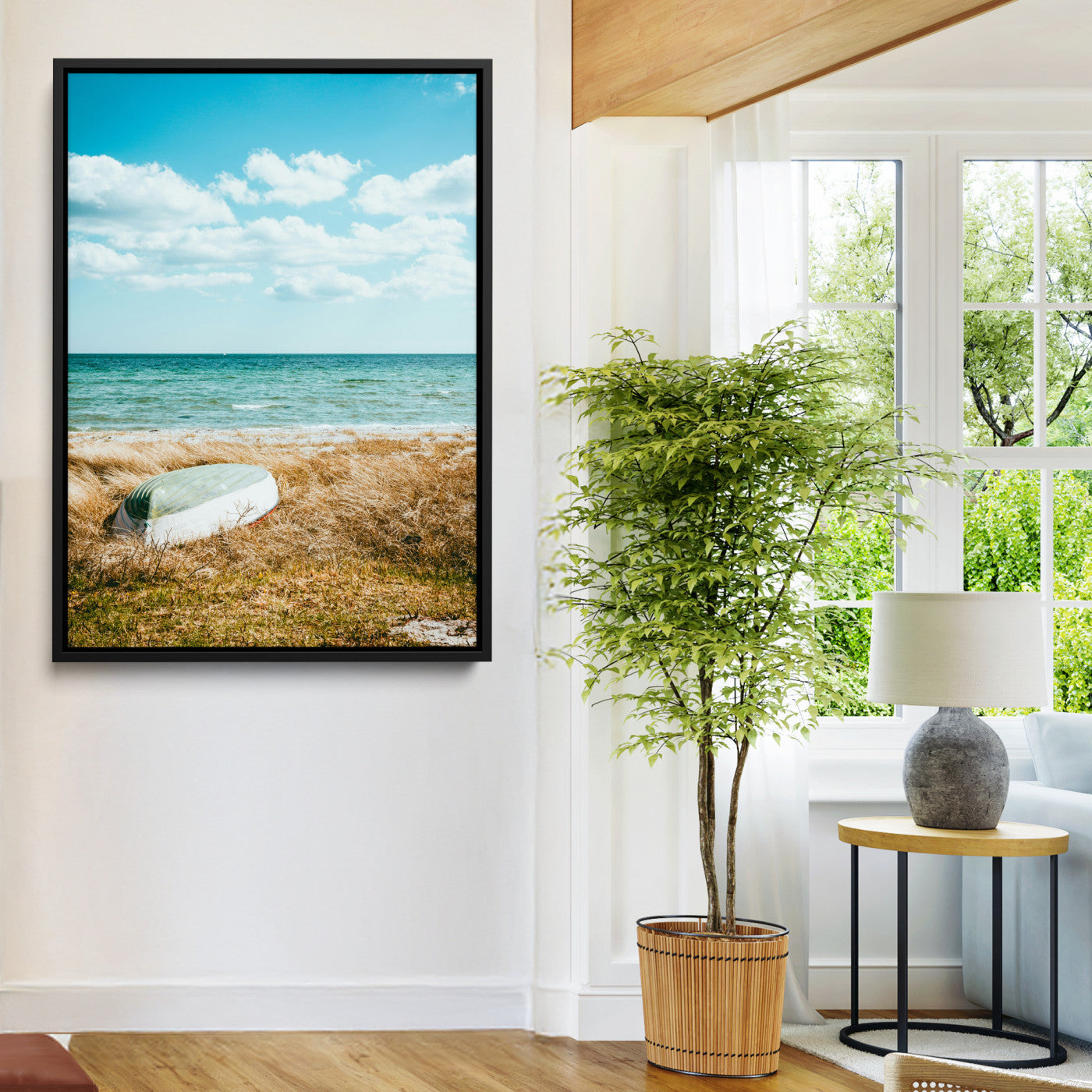 21725303-MGV-FC-24X36-Coastal Serenity Wall Art Canvas Print, Framed Ocean View Art Picture Print, Rustic Boat Perfect Nautical Coastal Decor Artwork