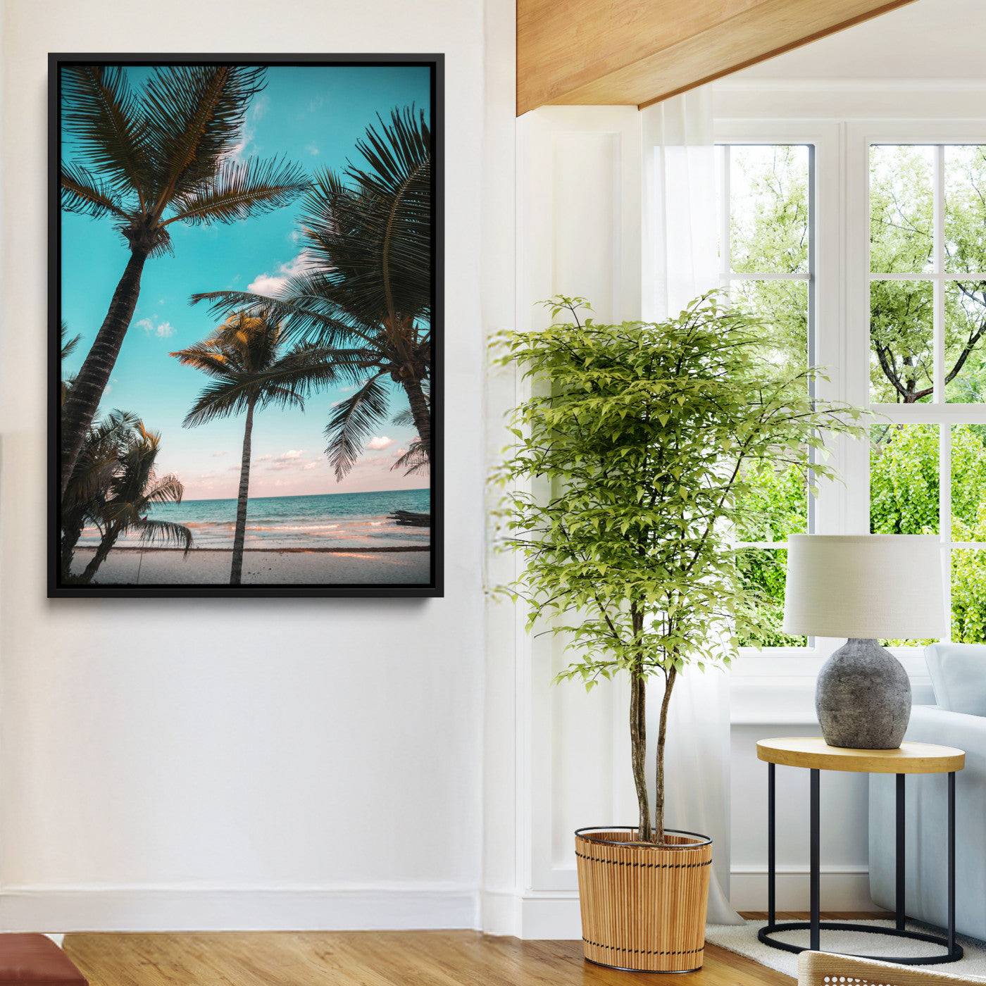 49451039-MGV-FC-24X36-Palm Trees Wall Art Canvas Print, Framed Tropical Beach Art Picture Print, Ocean Breeze Perfect Tropical Coastal Decor Artwork