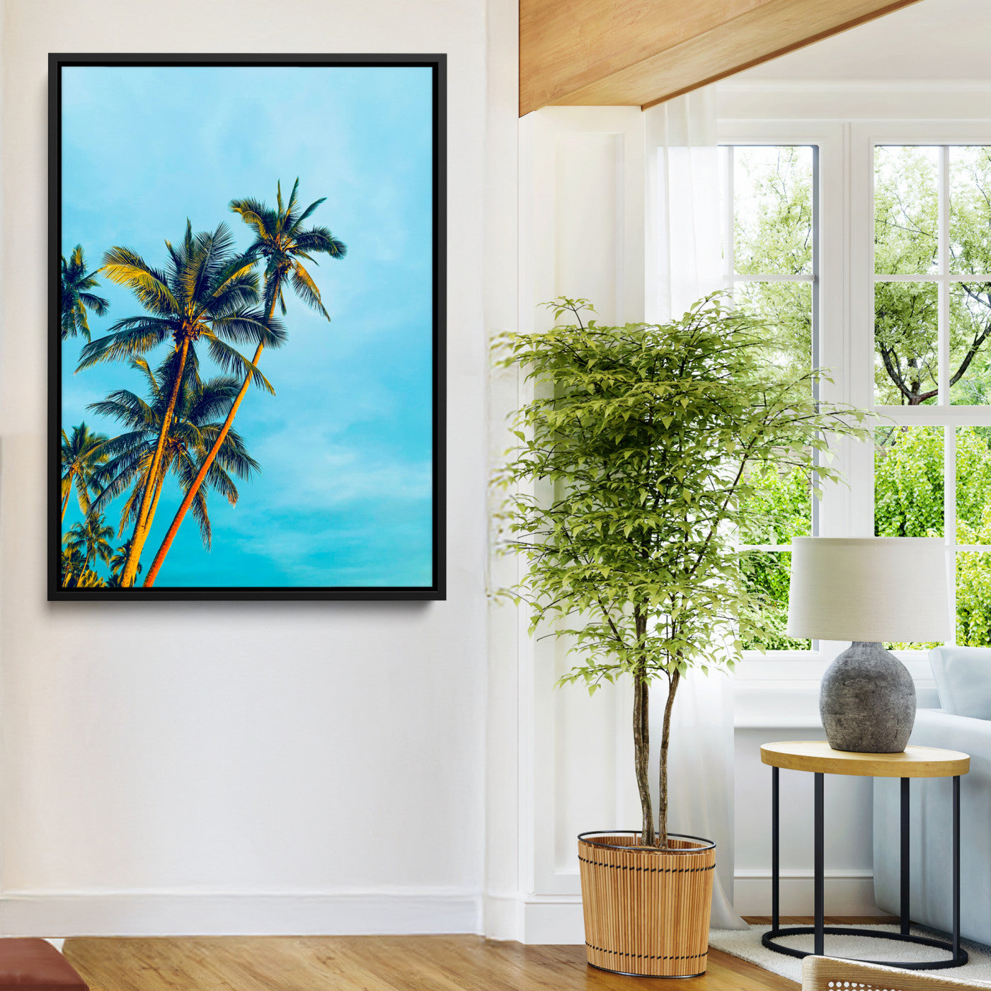 62885569-MGV-FC-24X36-Palm Trees Wall Art Canvas Print, Framed Tropical Vibes Art Picture Print, Blue Sky Perfect Coastal Boho Decor Artwork