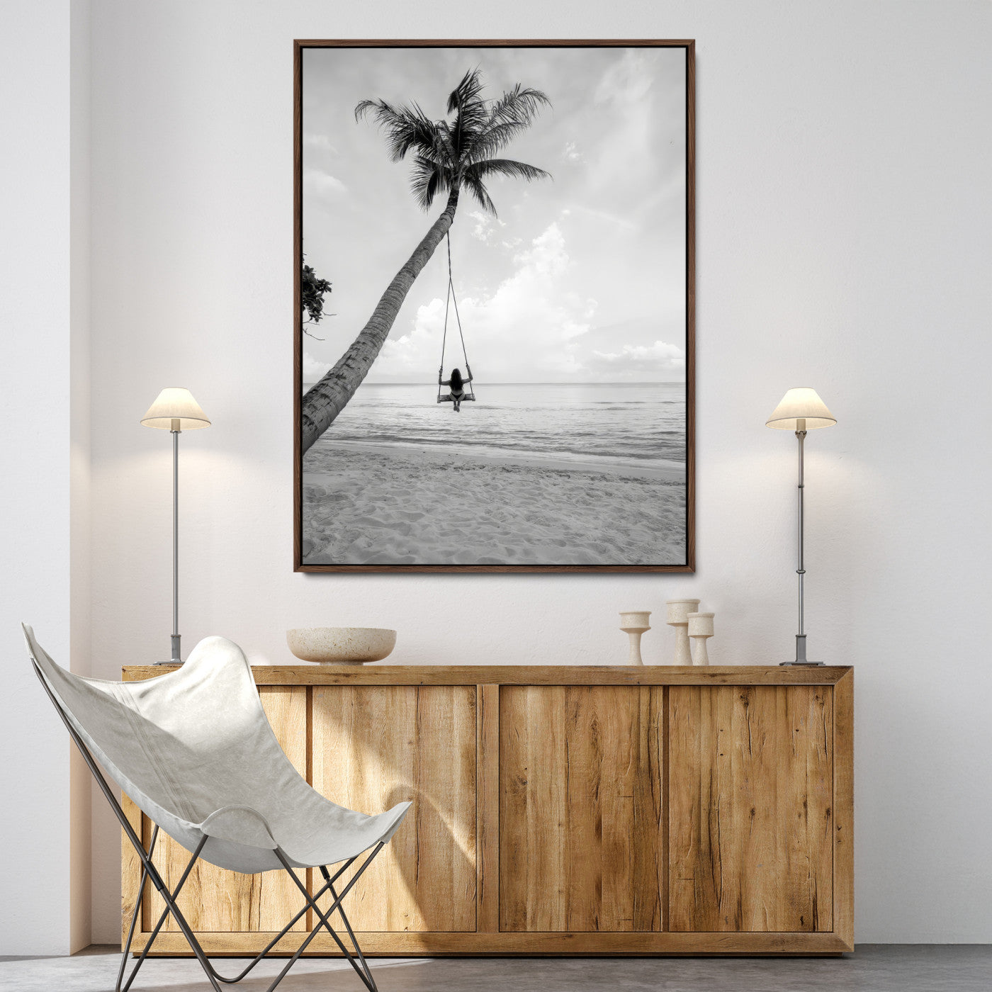 78460277-MGV-FC-24X36-Black White Palms Wall Art Canvas Print, Framed Beach Swing Art Picture Print, Monochrome Coastal Perfect Minimalist Coastal Decor