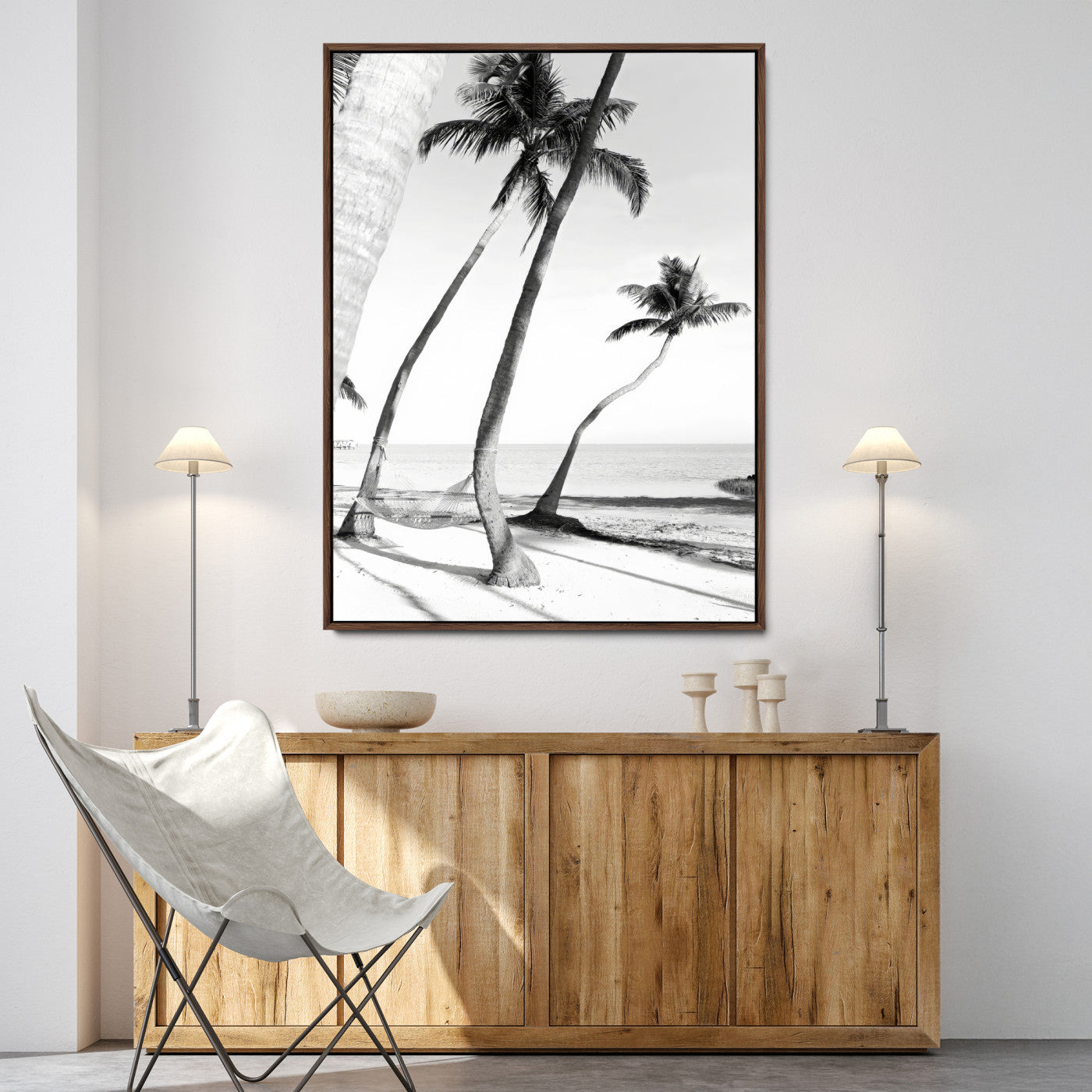 50406026-MGV-FC-24X36-Black White Palms Wall Art Canvas Print, Framed Tropical Beach Art Picture Print, Minimalist Coastal Perfect Coastal Minimalist