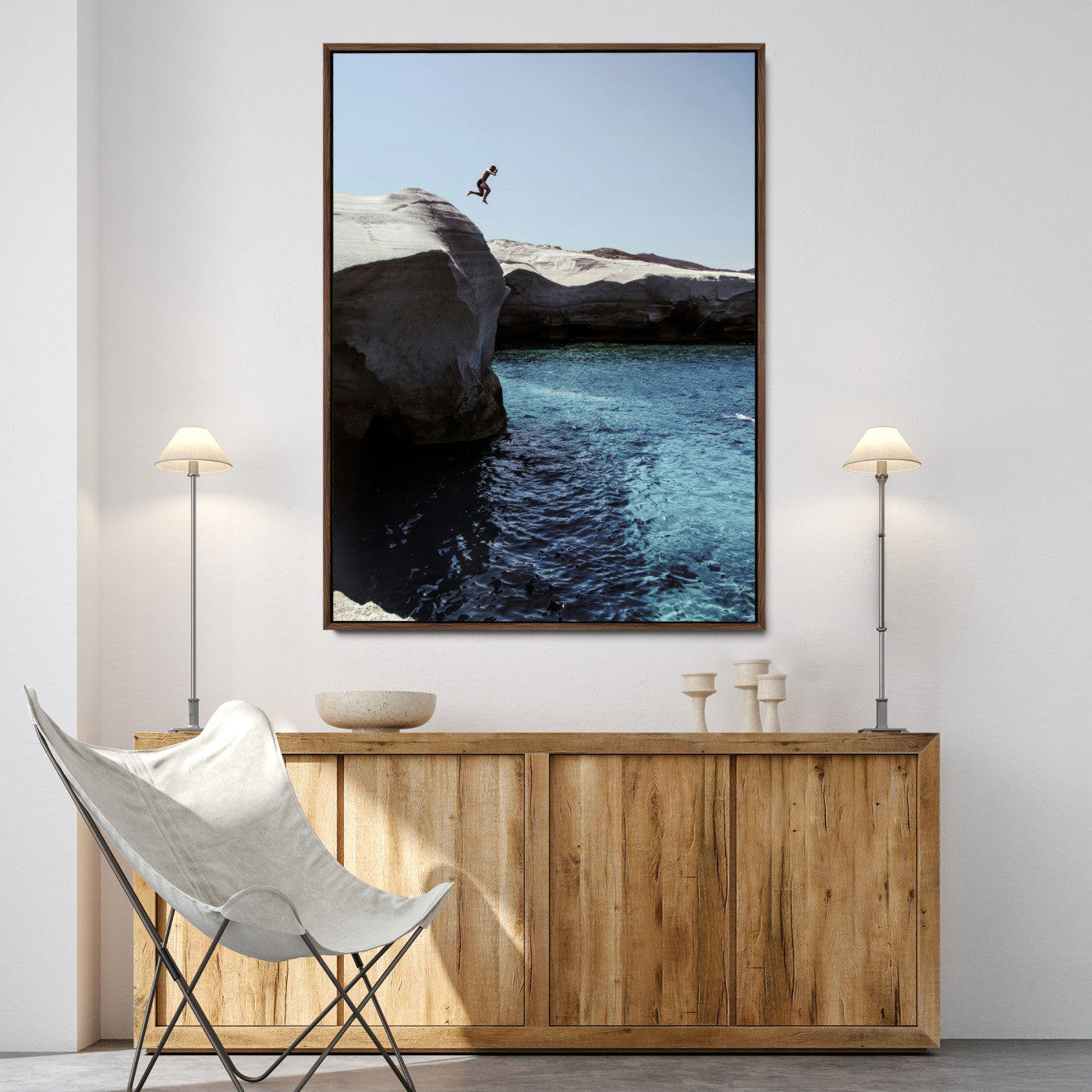 96853328-MGV-FC-24X36-Cliff Diving Wall Art Canvas Print, Framed Turquoise Sea Art Picture Print, Ocean Adventure Perfect Coastal Minimalist Decor